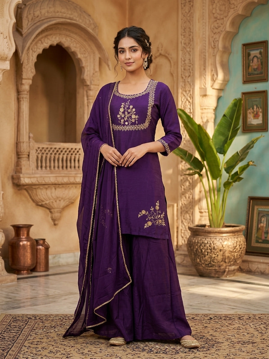 Elegant Purple Chinon Palazzo Kurta Set