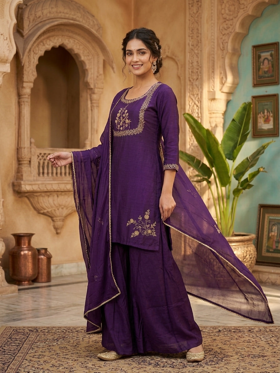 Elegant Purple Chinon Palazzo Kurta Set