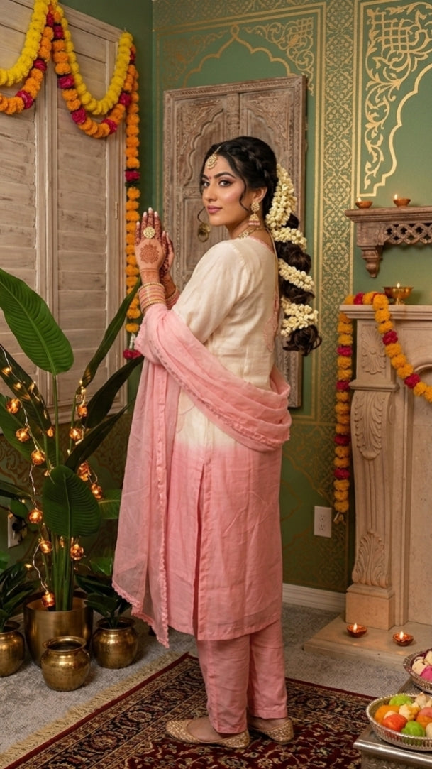 Off white and Pink Pastel Ombre Muslin Silk Suit