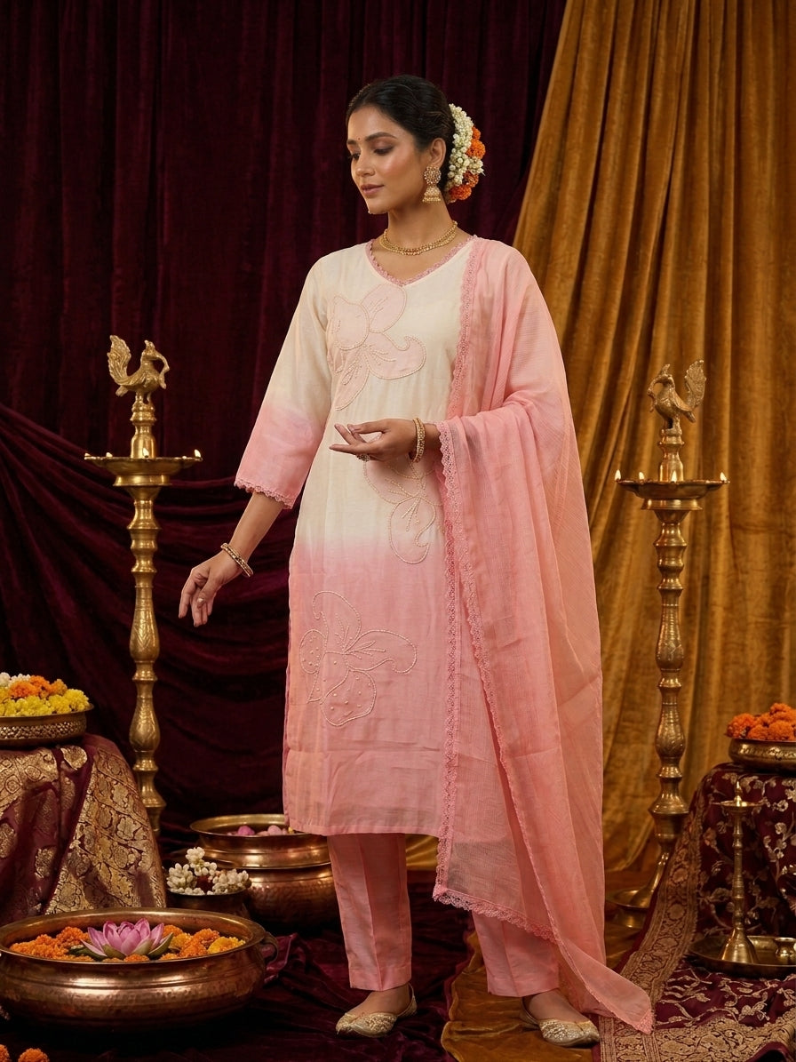 Off white and Pink Pastel Ombre Muslin Silk Suit