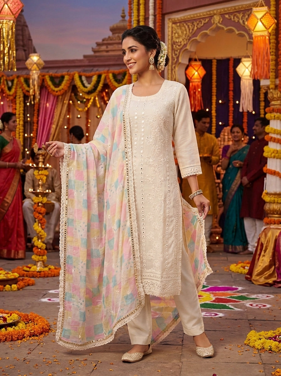 Elegant Ivory Color 3-Piece Chikankari Kurta Set