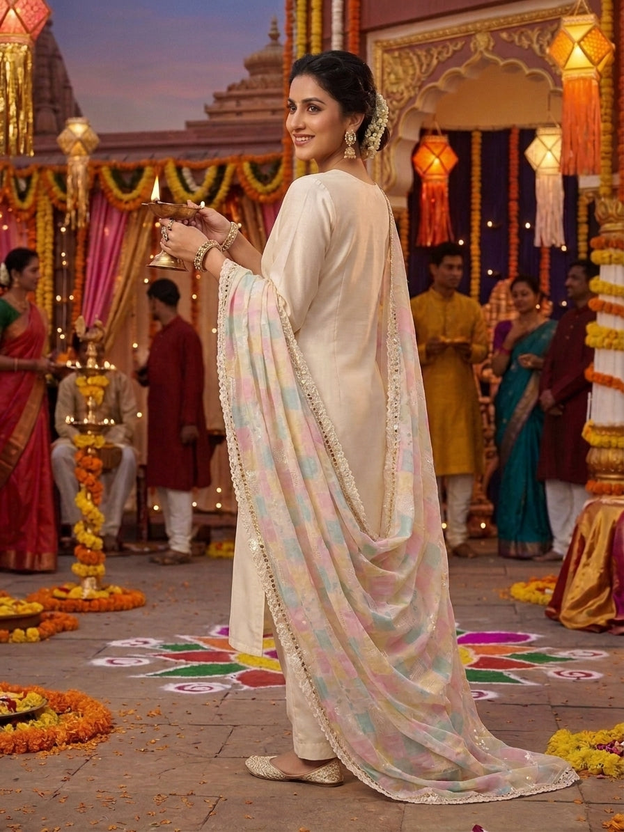Elegant Ivory Color 3-Piece Chikankari Kurta Set