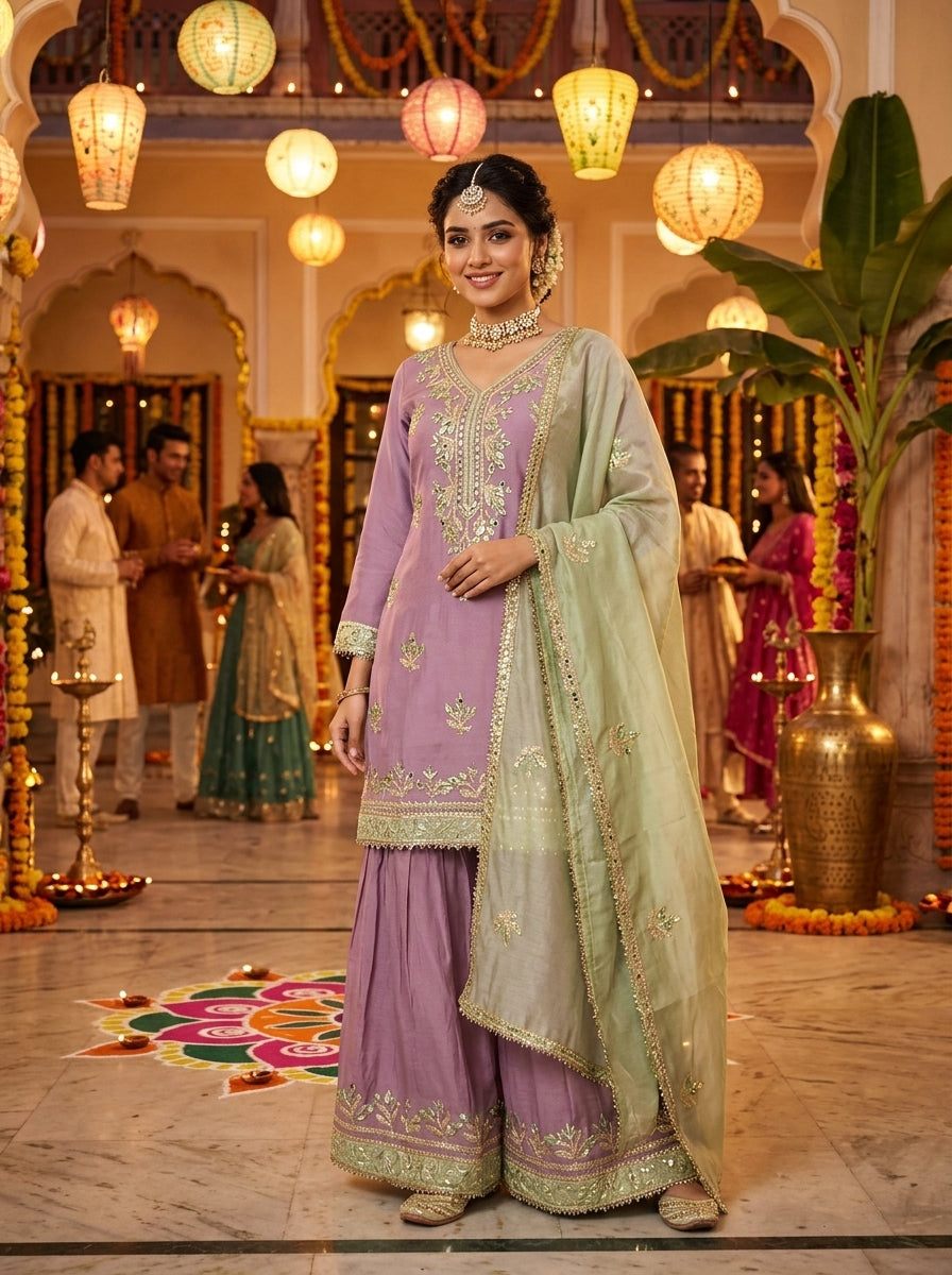 Cosmos Shimmer Silk Sharara Suit Set