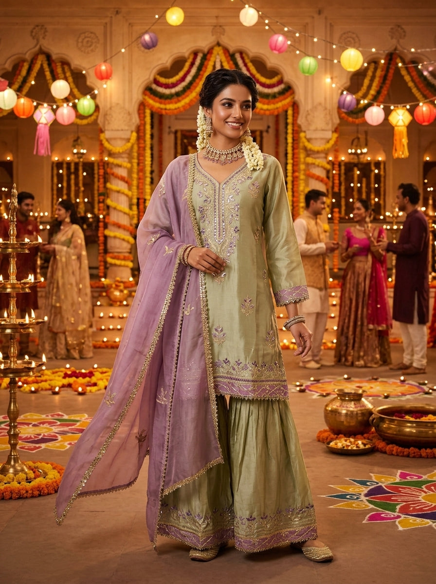 Cosmos Shimmer Silk Sharara Suit Set