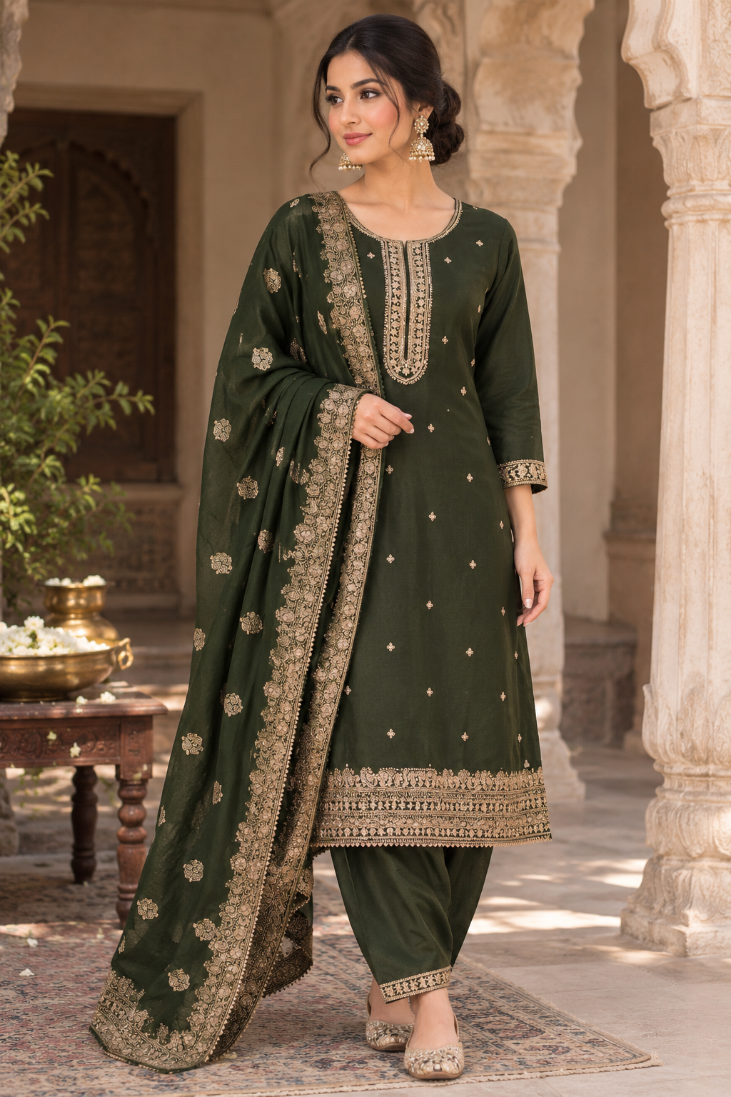 Bottle Green Festive Wear Kurta Set