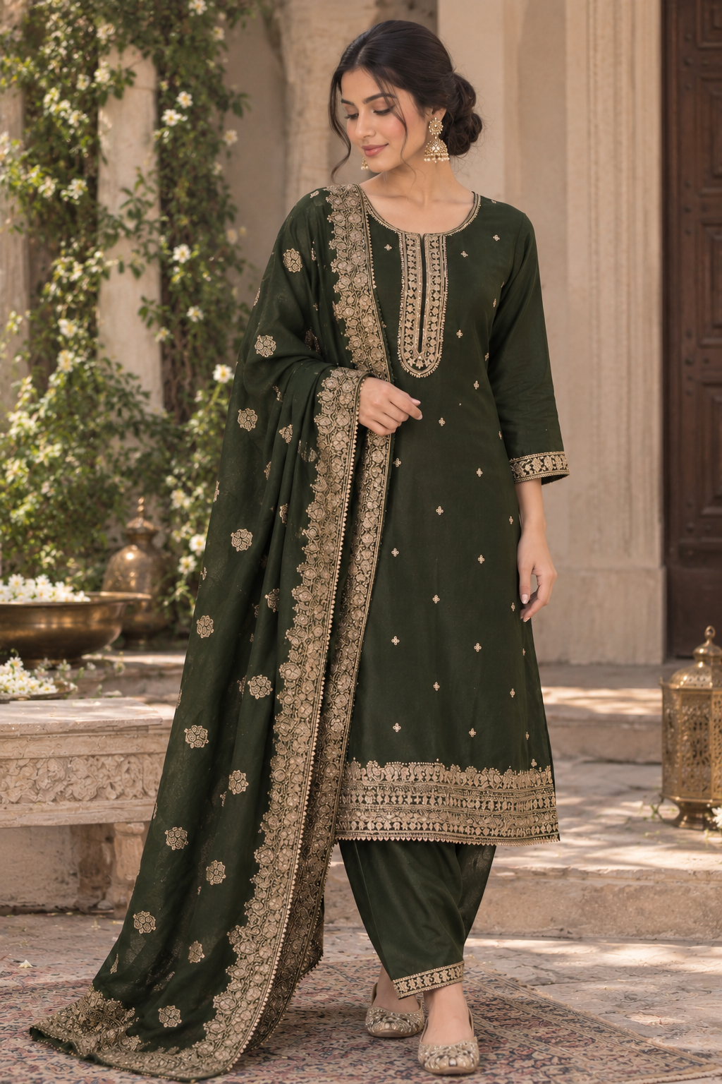 Bottle Green Festive Wear Kurta Set