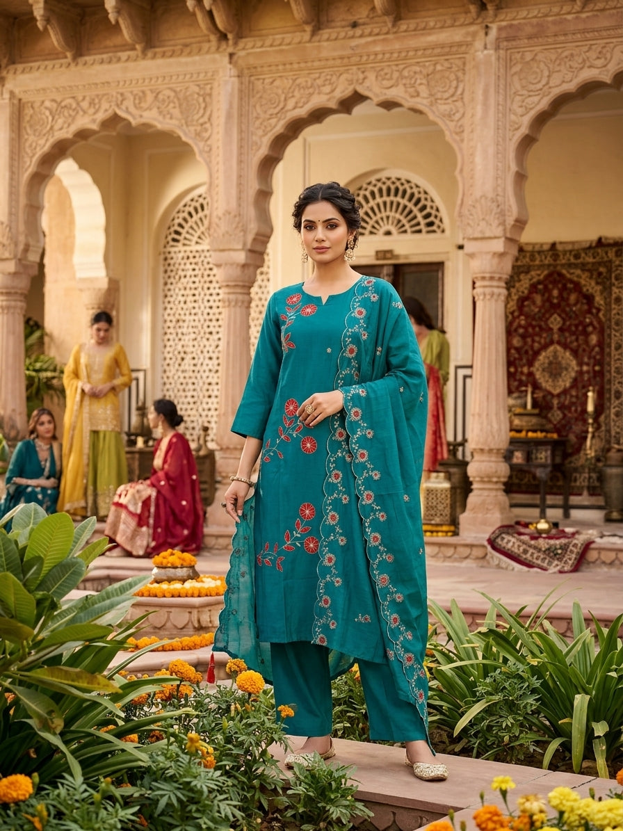 Teal Embroidered Cotton Kurta Set