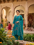 Teal Embroidered Cotton Kurta Set