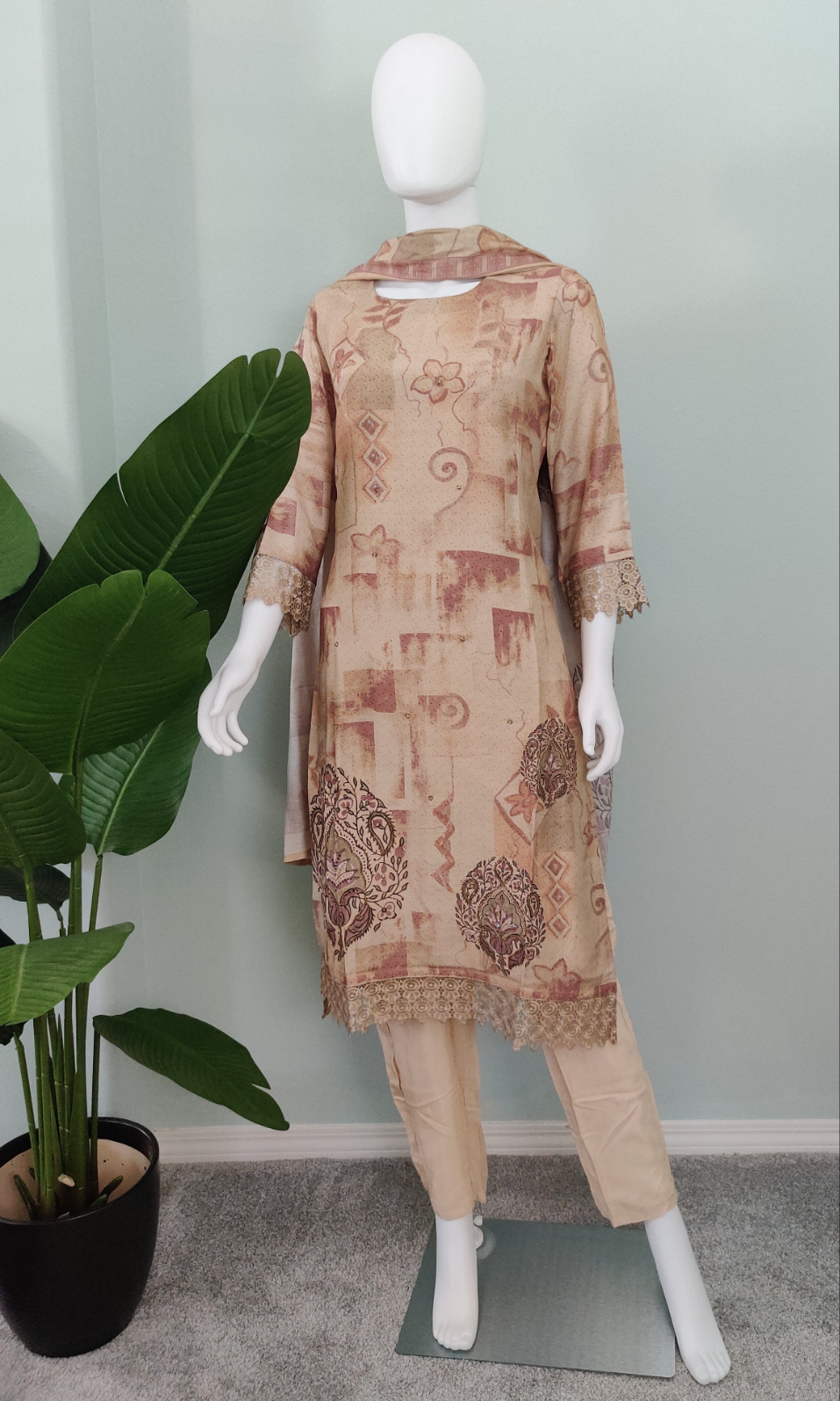 Embellished Muslin Silk Digital print beige color suit