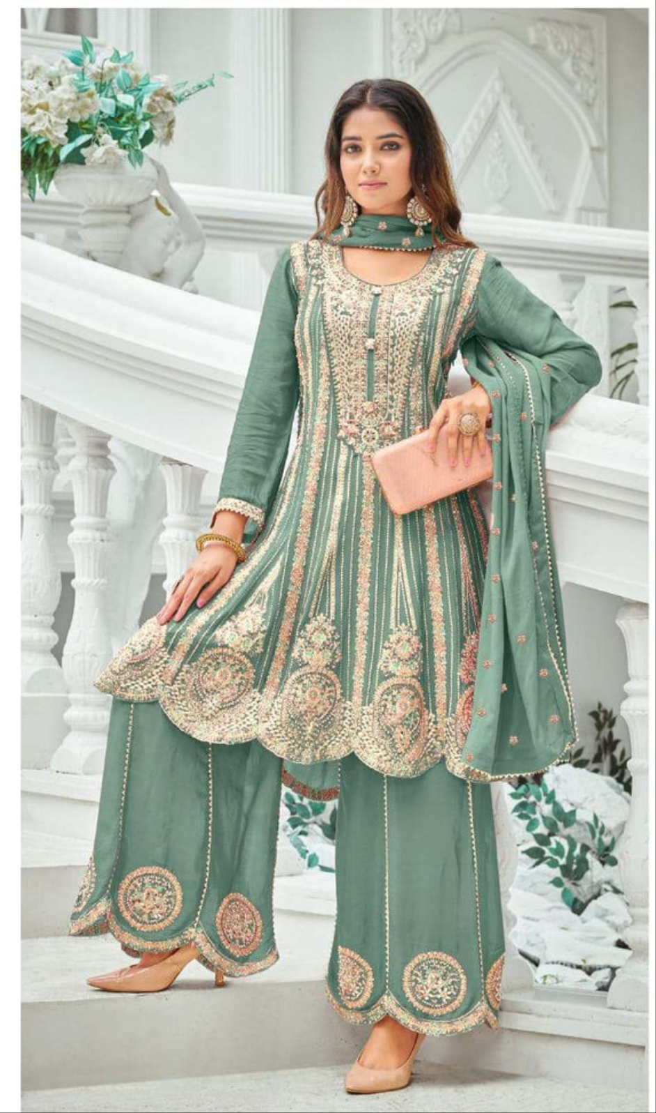 ✨ Regal & Elegant Heavy Chinon Embroidered Palazzo Set