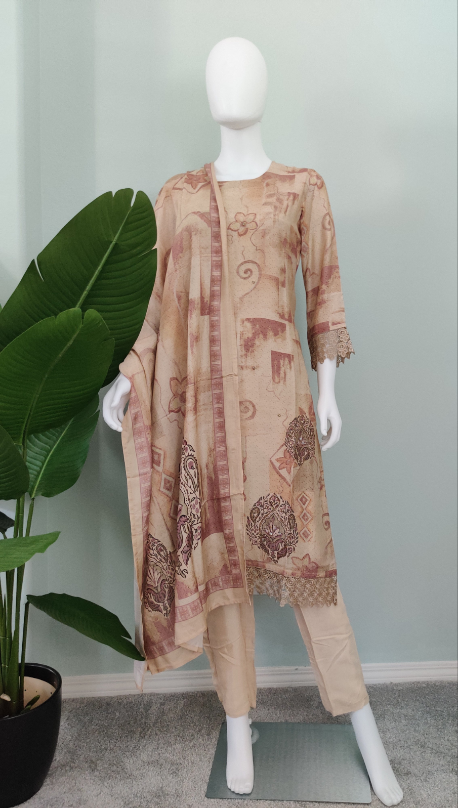Embellished Muslin Silk Digital print beige color suit