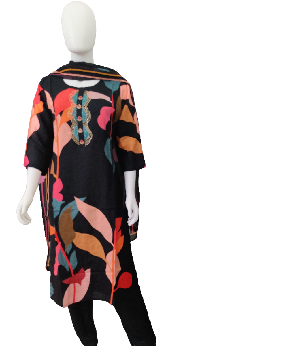Black Digital Print Muslin Silk Kurta Set