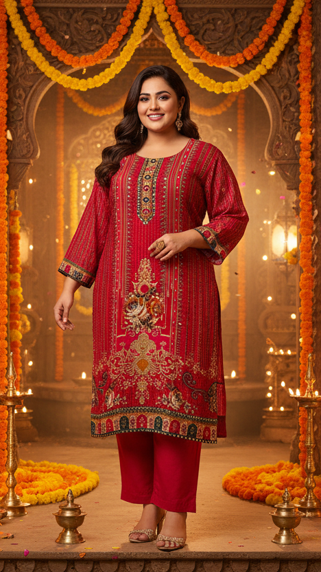 Crepe Silk Mirror Work Kurta Set Plus Size