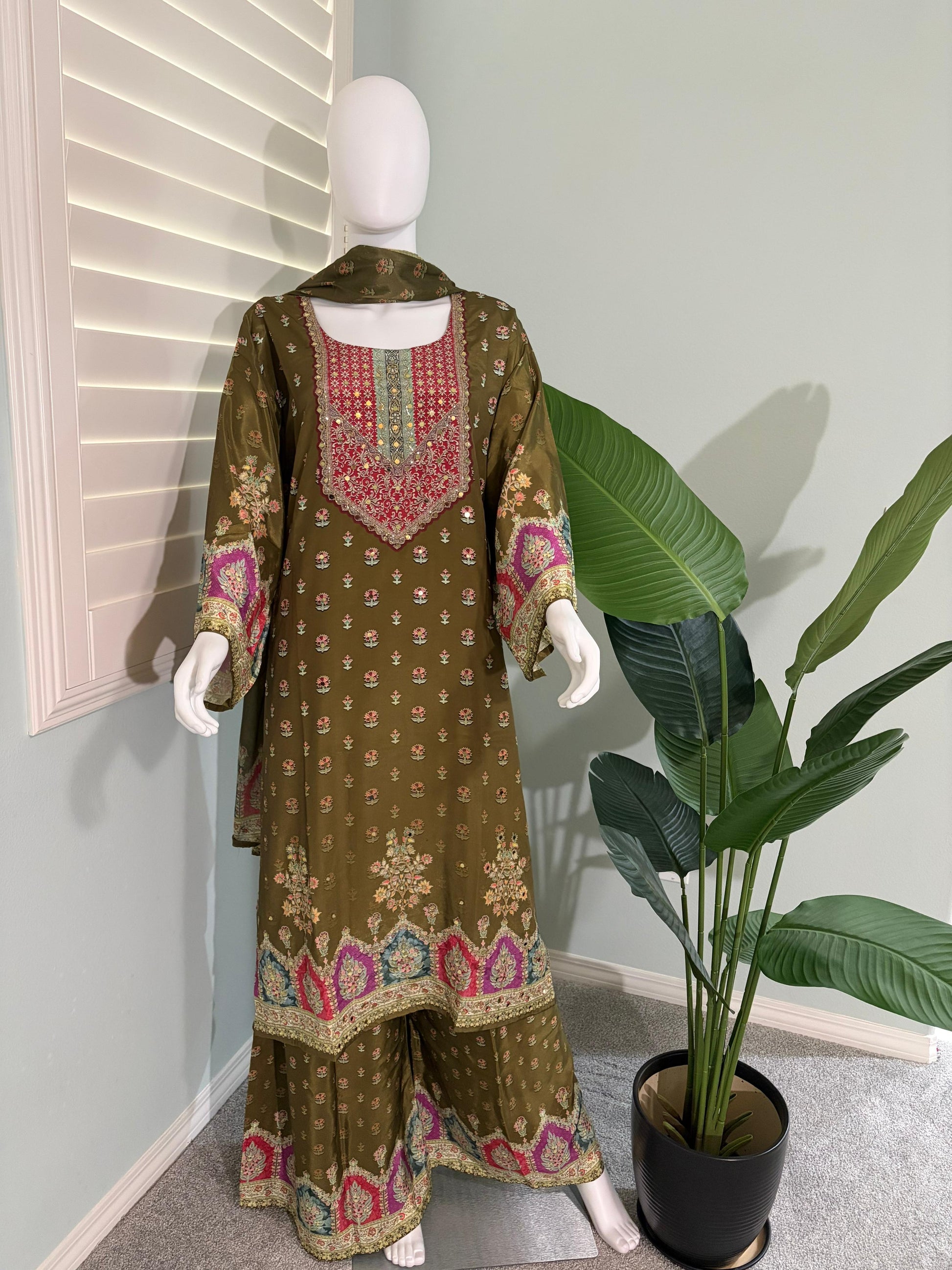 Crepe Silk A Line Printed Plazzo Kurta Set Plus size