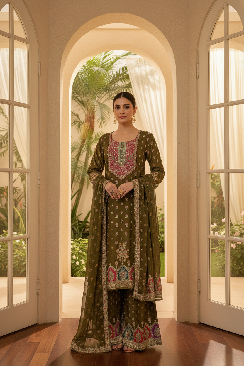 Crepe Silk A Line Printed Plazzo Kurta Set Plus size