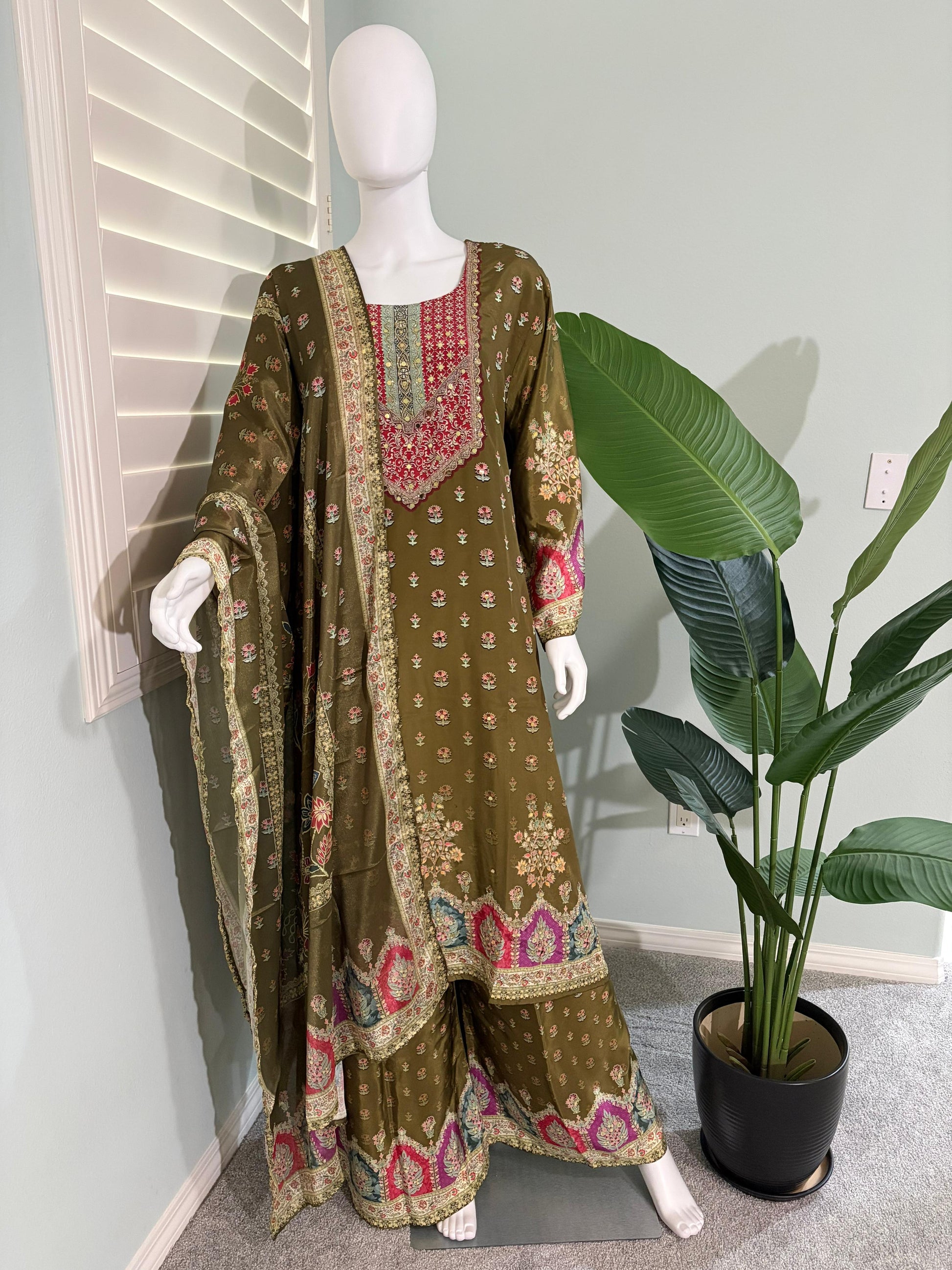 Crepe Silk A Line Printed Plazzo Kurta Set Plus size