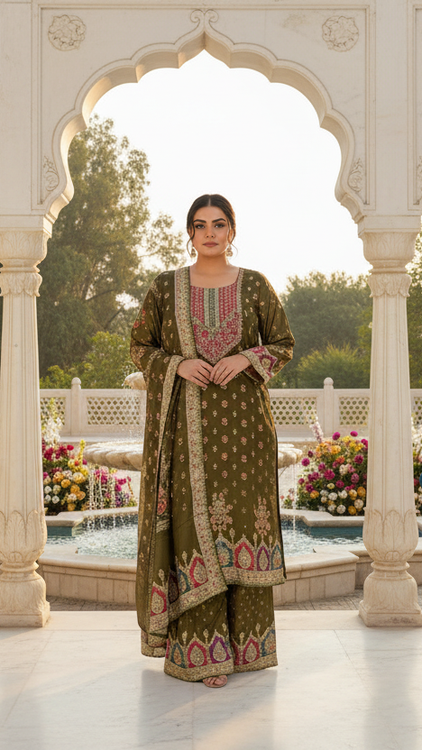 Crepe Silk A Line Printed Plazzo Kurta Set Plus size