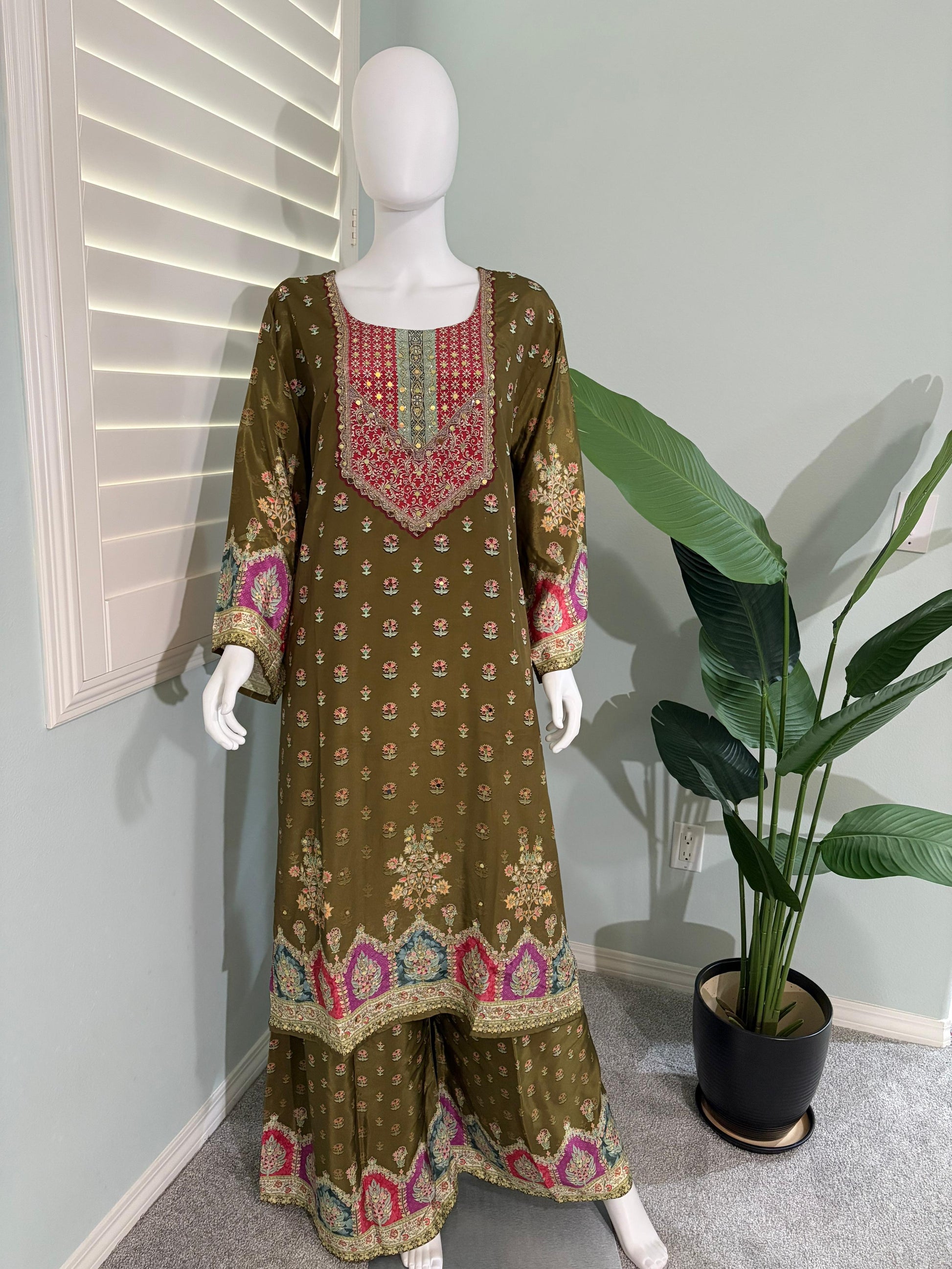 Crepe Silk A Line Printed Plazzo Kurta Set Plus size