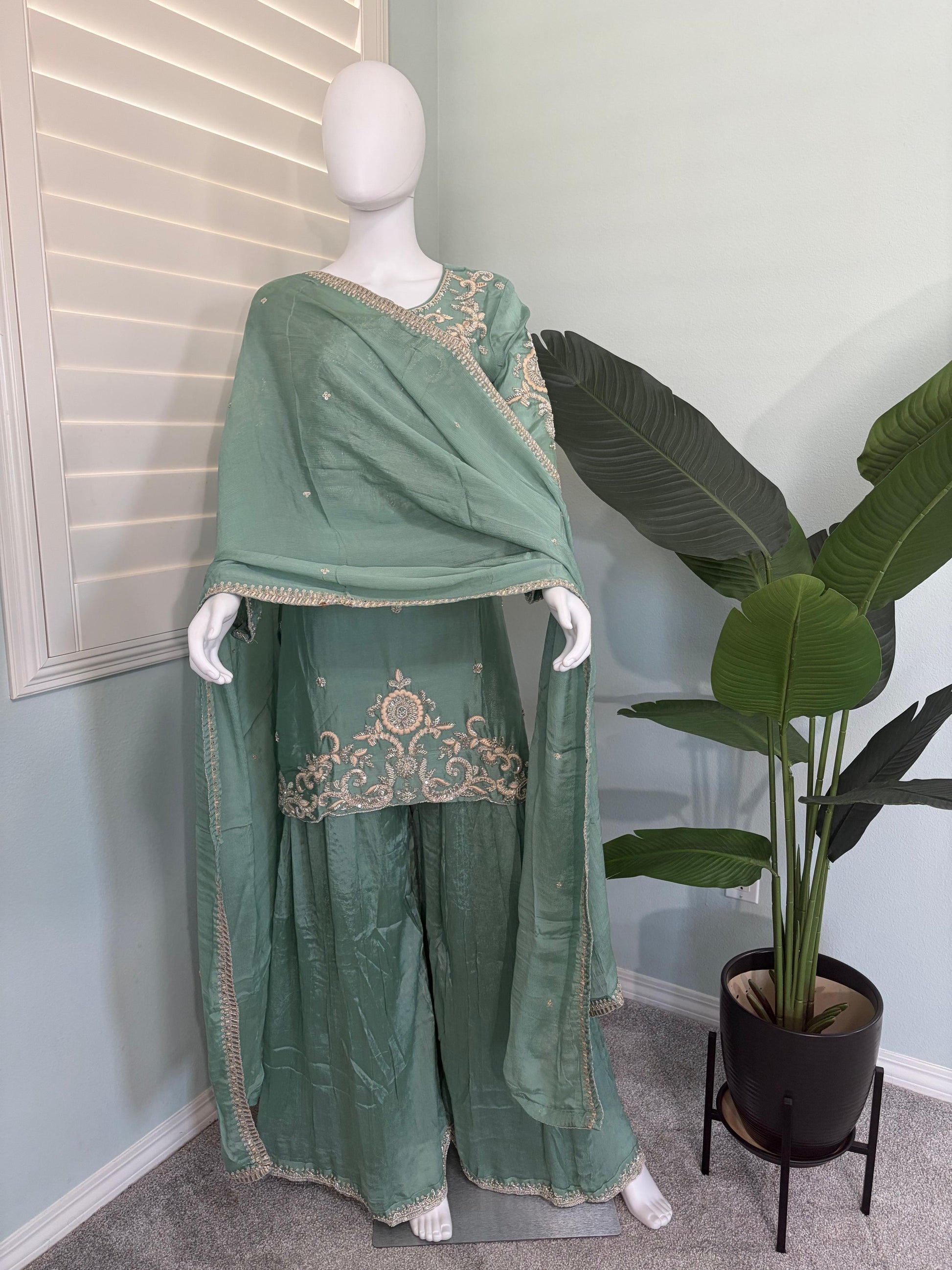 Green Wedding Wear Handwork Embroidered Plazzo Kurta Set