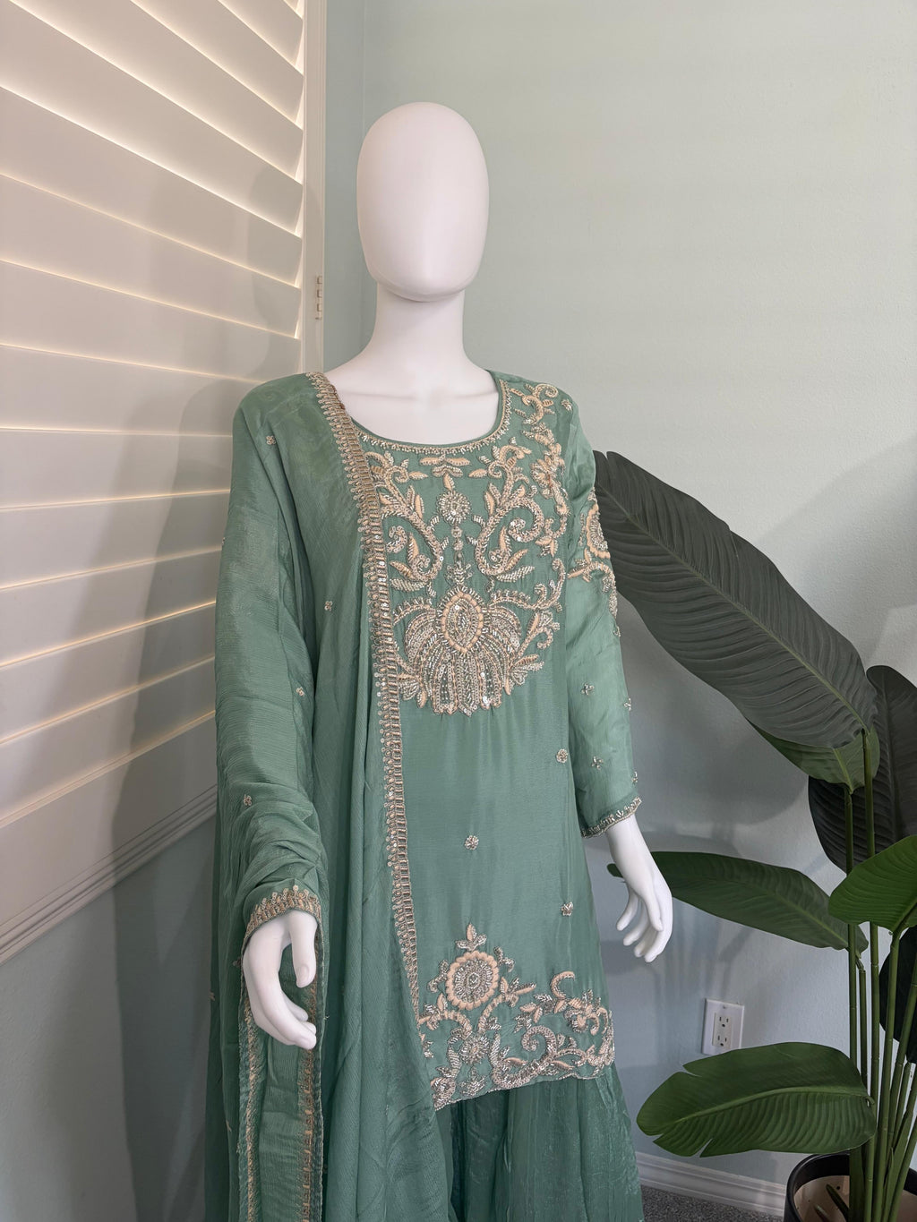 Green Wedding Wear Handwork Embroidered Plazzo Kurta Set