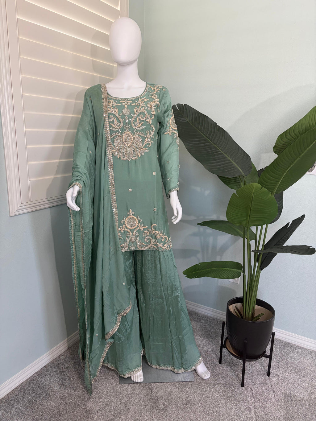 Green Wedding Wear Handwork Embroidered Plazzo Kurta Set