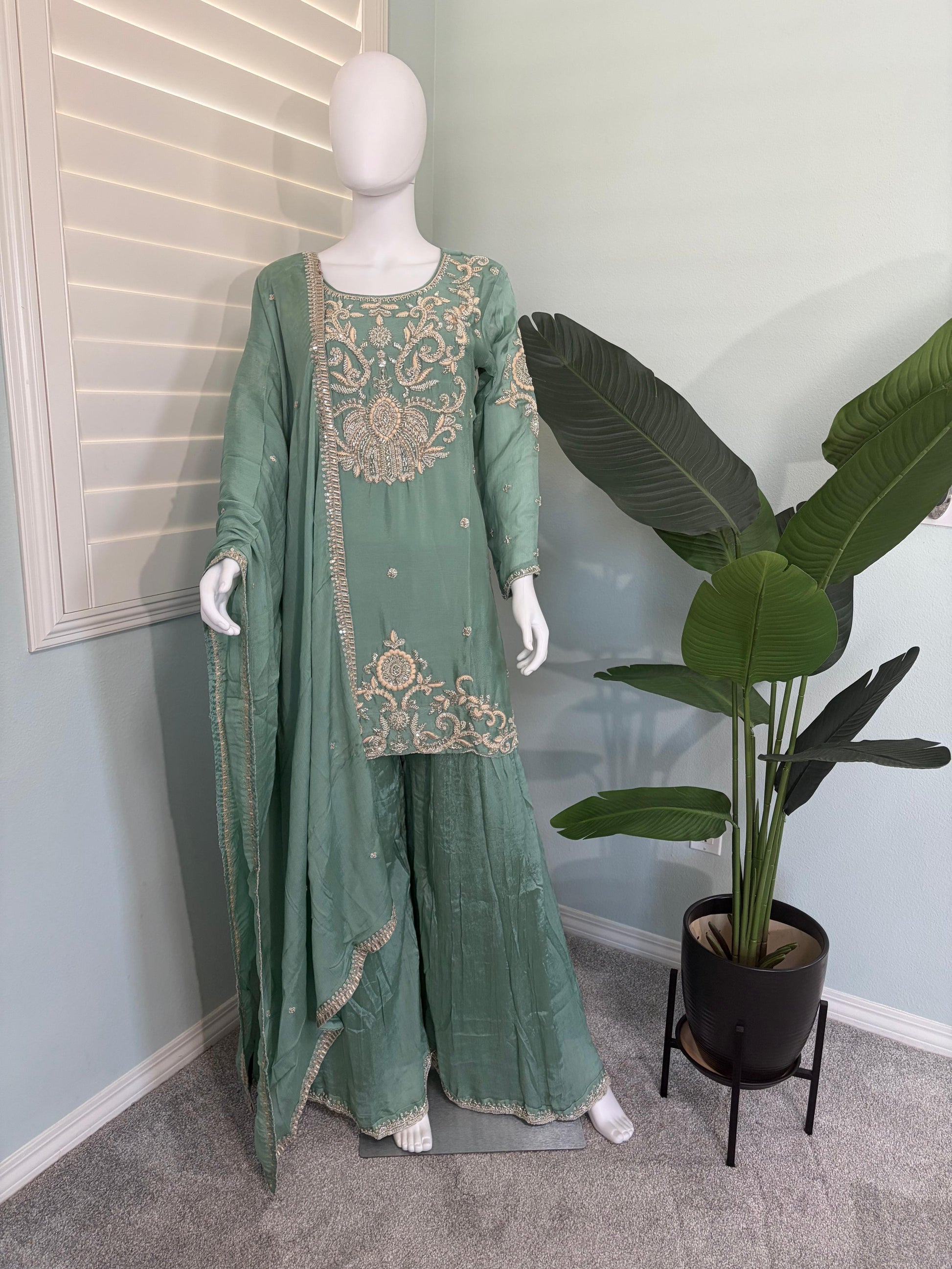 Green Wedding Wear Handwork Embroidered Plazzo Kurta Set