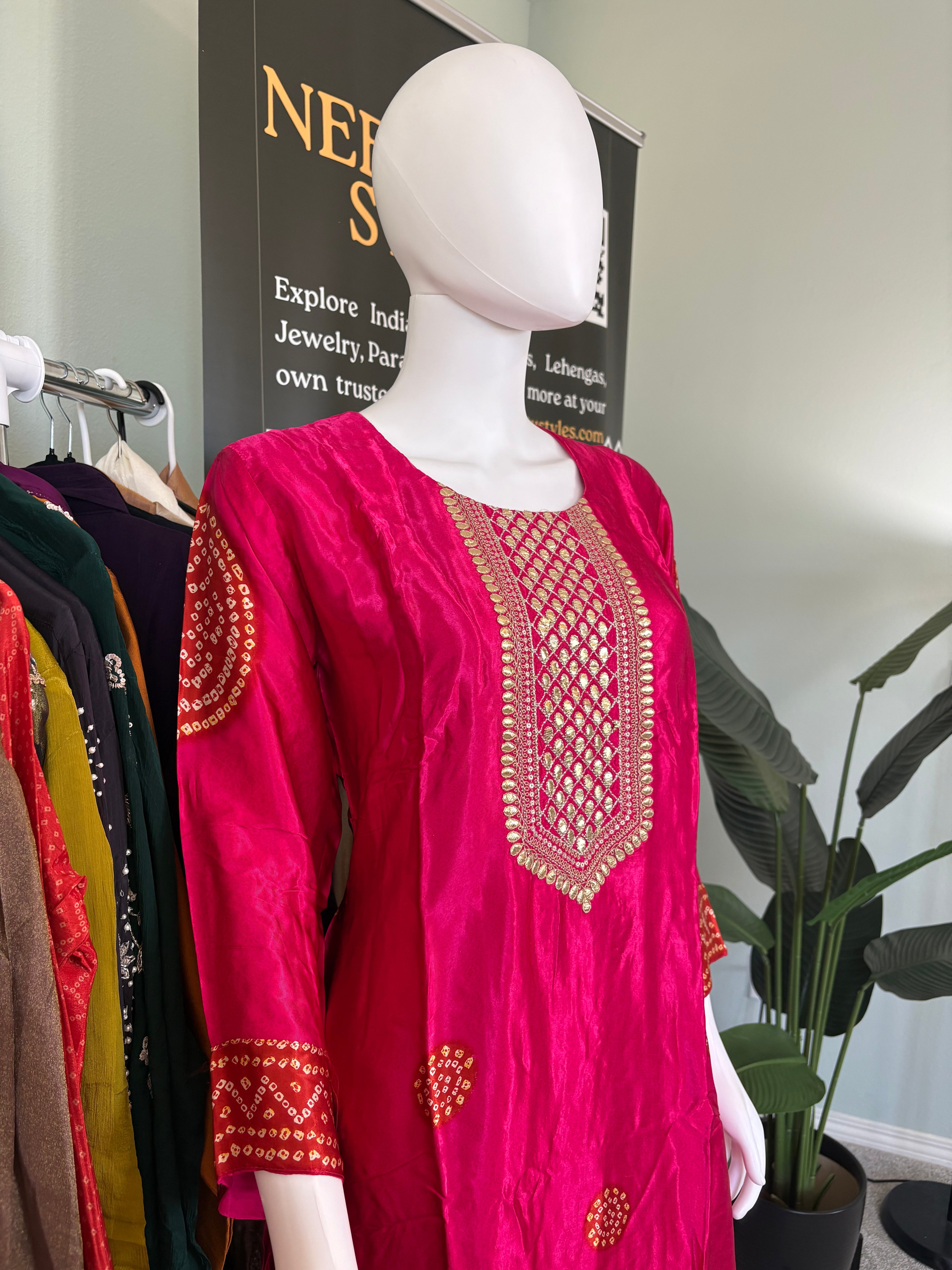 Gajji Silk Bandhani Print A line Kurta Set
