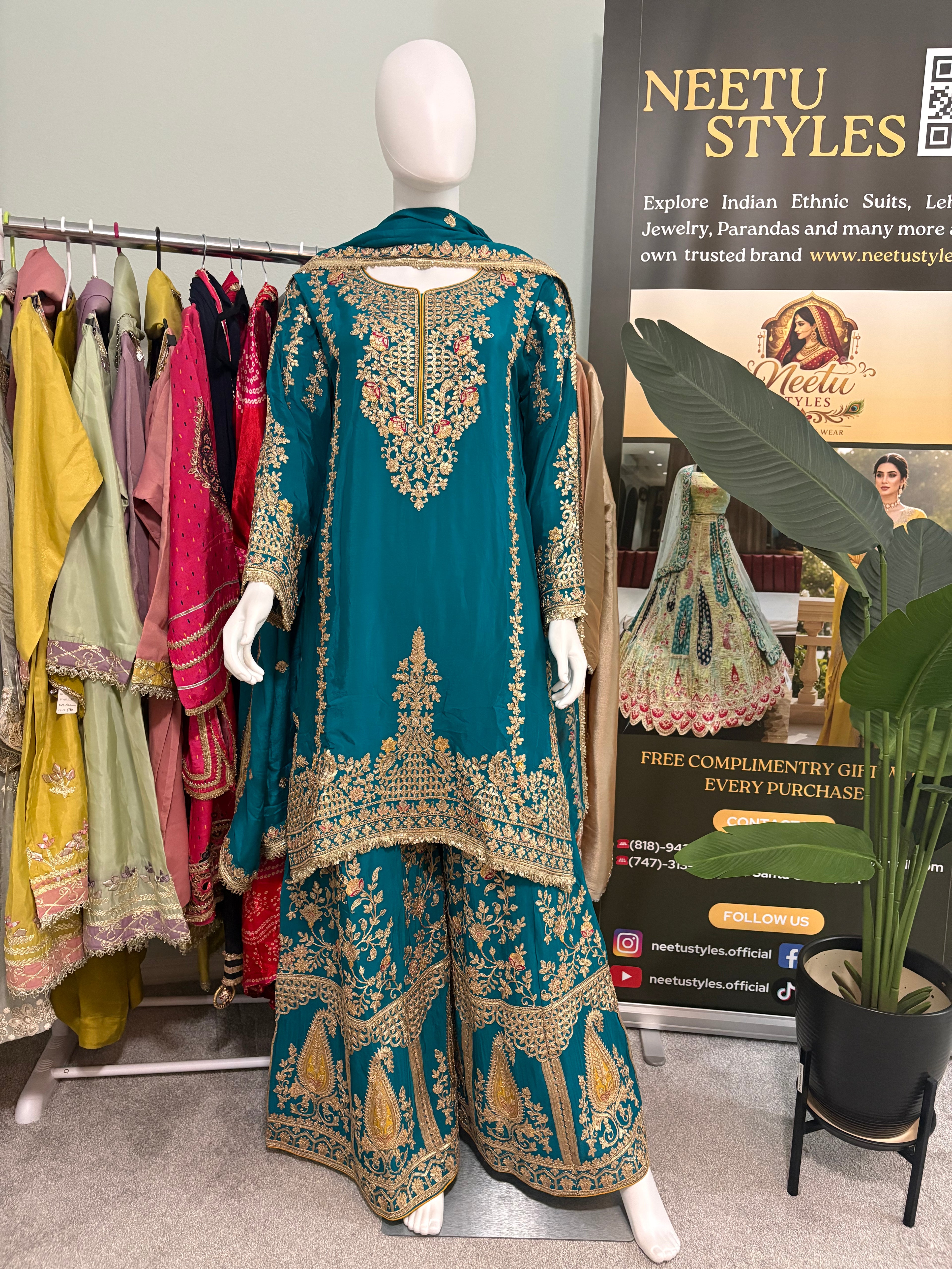 Regal Teal Silk Embroidered Palazzo Suit