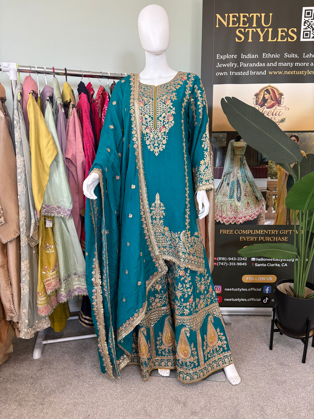 Regal Teal Silk Embroidered Palazzo Suit