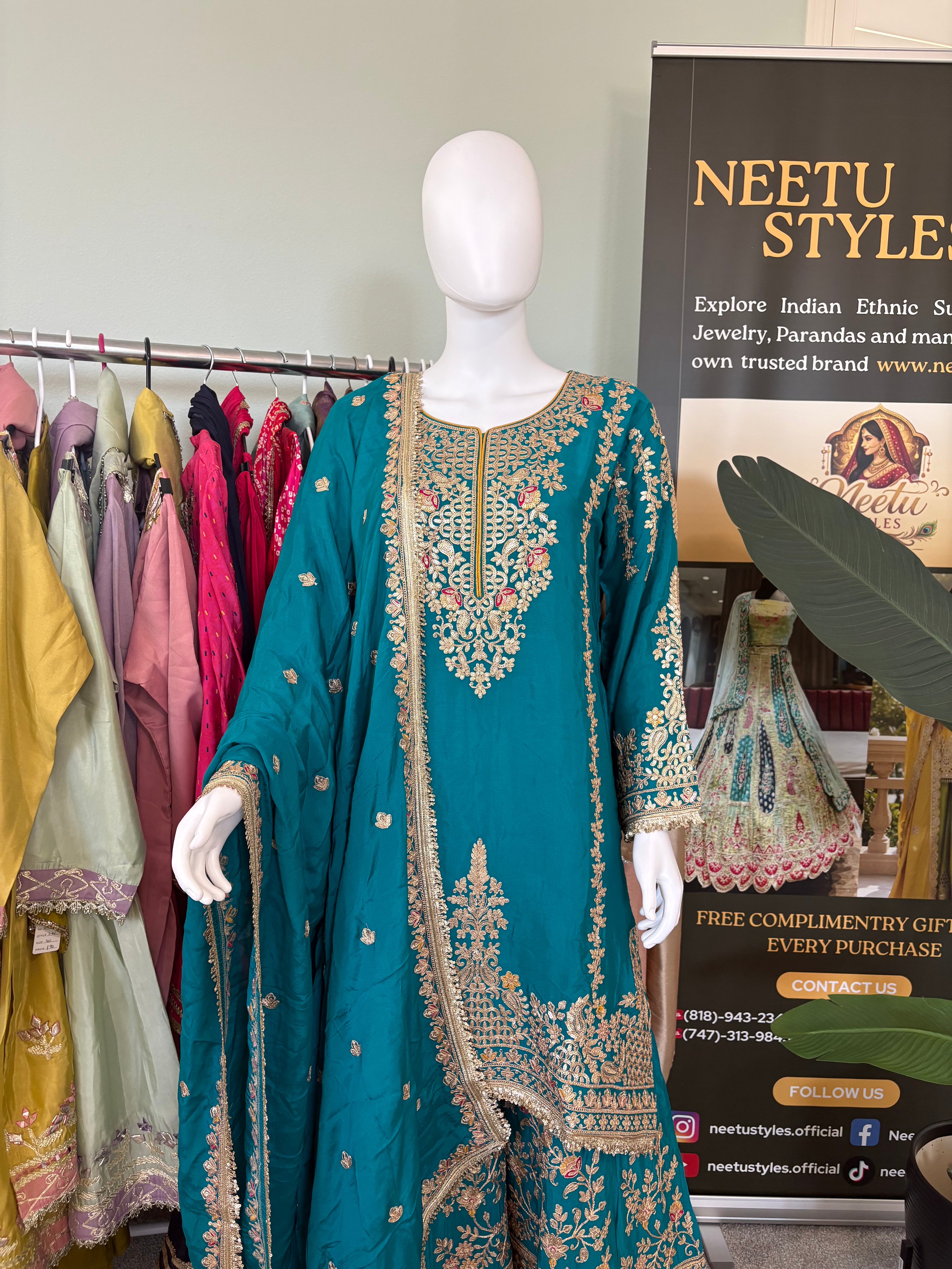Regal Teal Silk Embroidered Palazzo Suit
