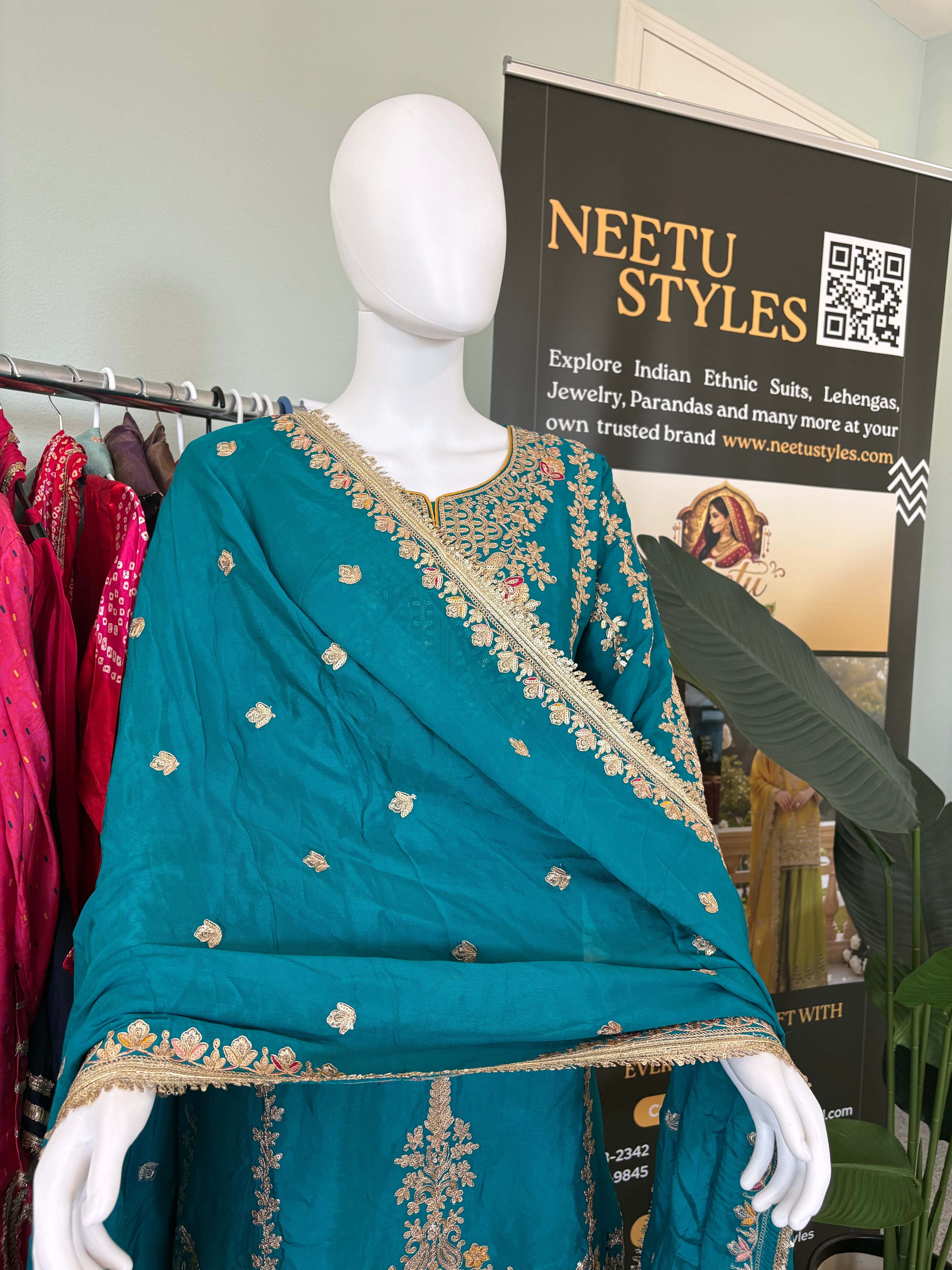 Regal Teal Silk Embroidered Palazzo Suit