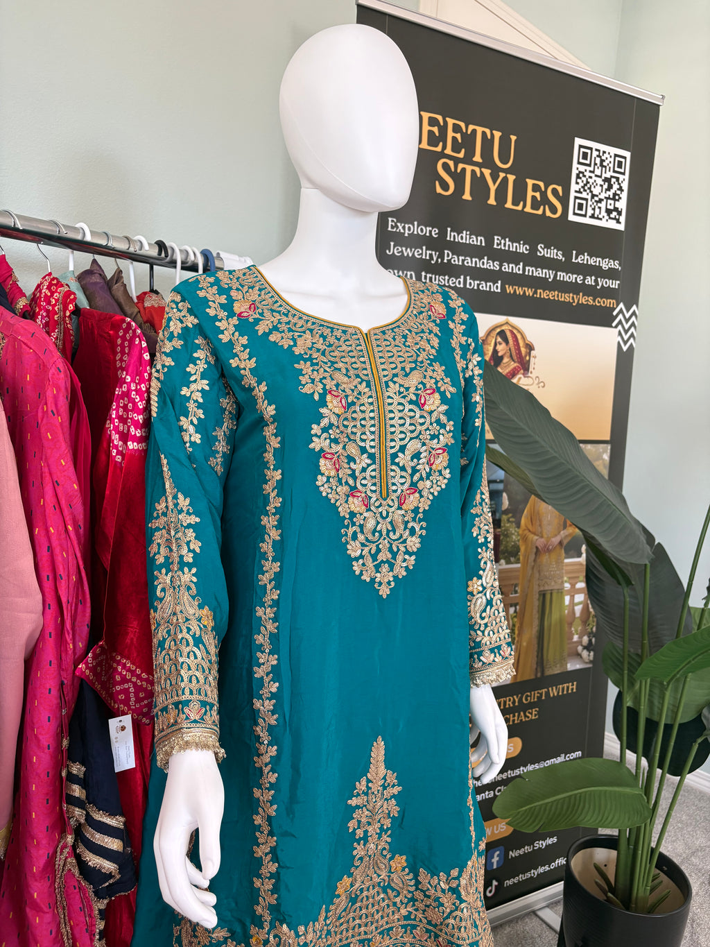 Regal Teal Silk Embroidered Palazzo Suit