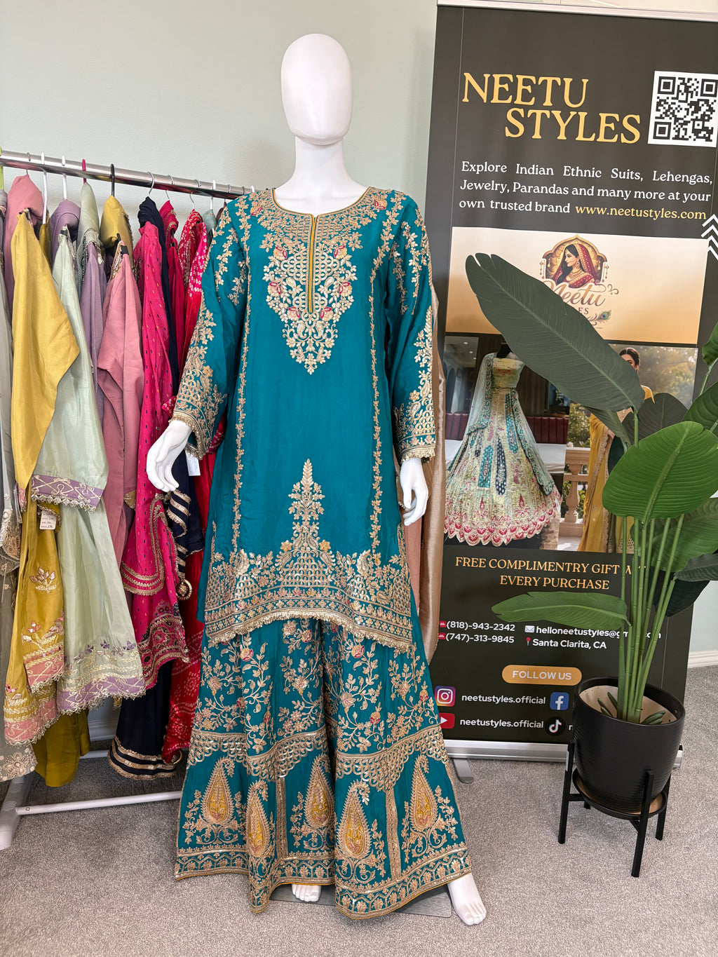 Regal Teal Silk Embroidered Palazzo Suit