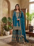 Regal Teal Silk Embroidered Palazzo Suit