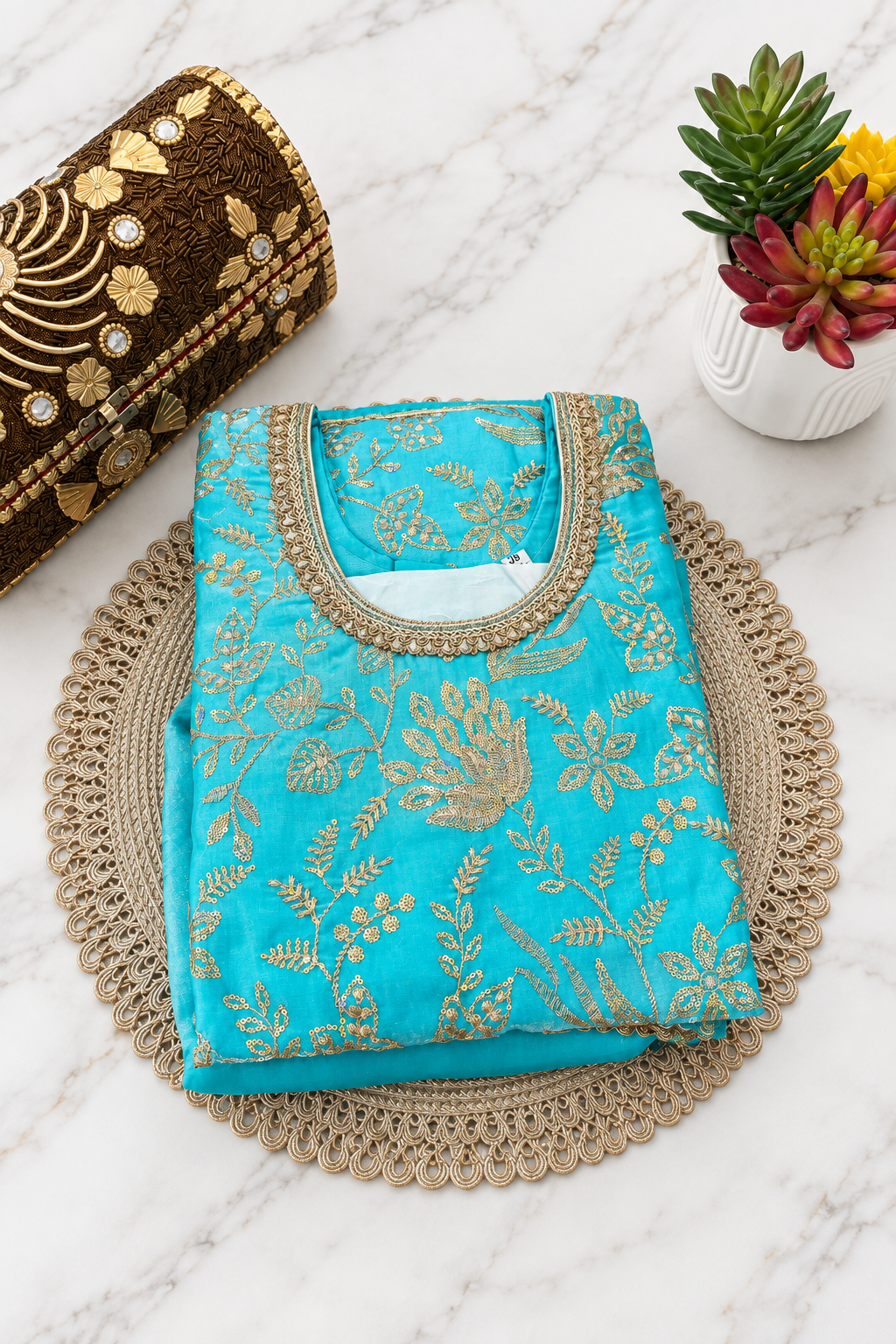 Turquoise Fendy Silk Sharara suit set for girls