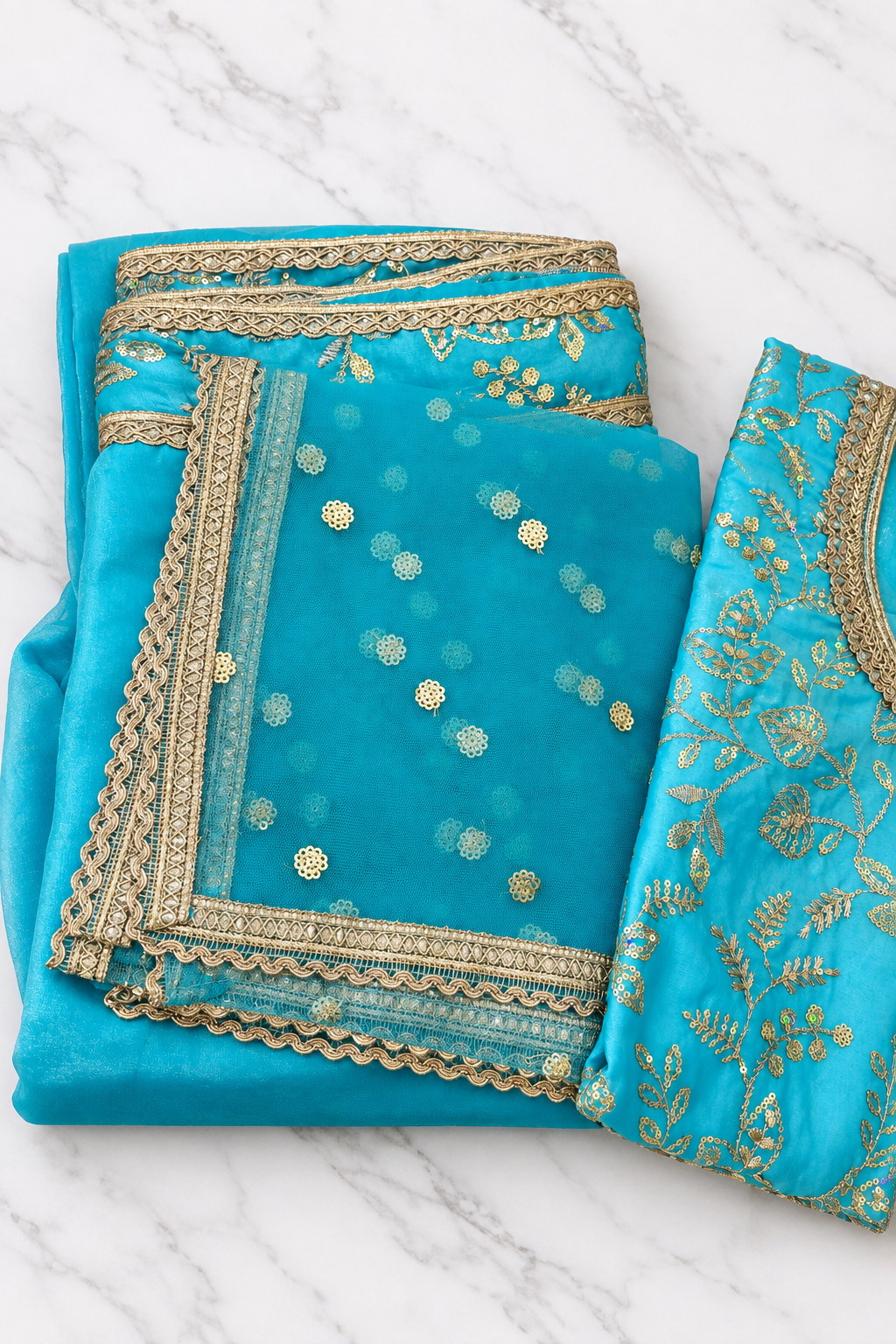 Turquoise Fendy Silk Sharara suit set for girls