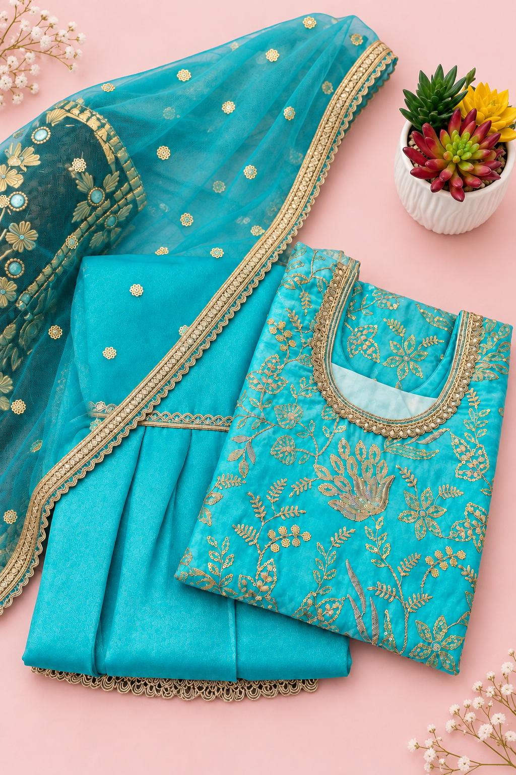 Turquoise Fendy Silk Sharara suit set for girls