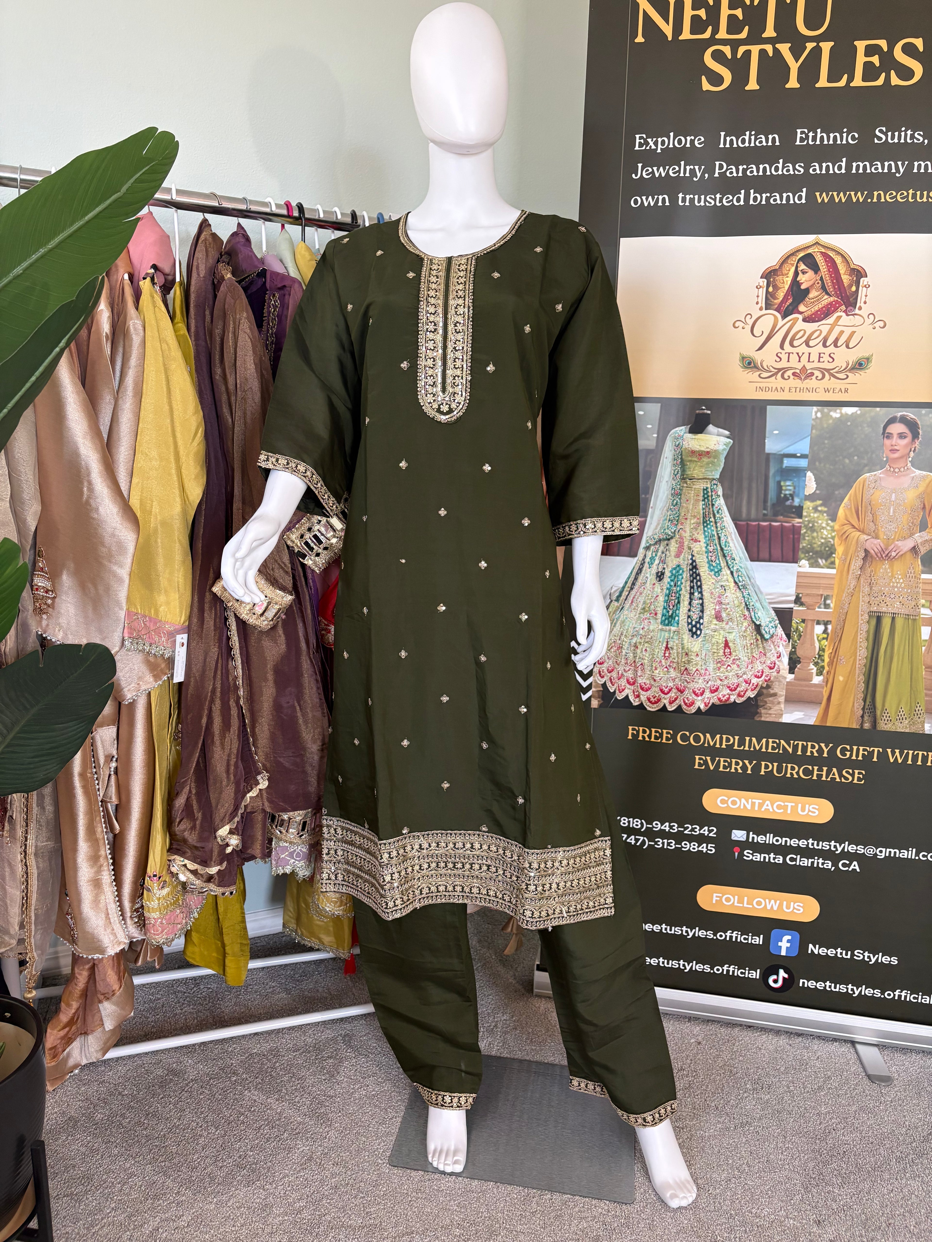 Bottle Green Festive Wear Kurta Set