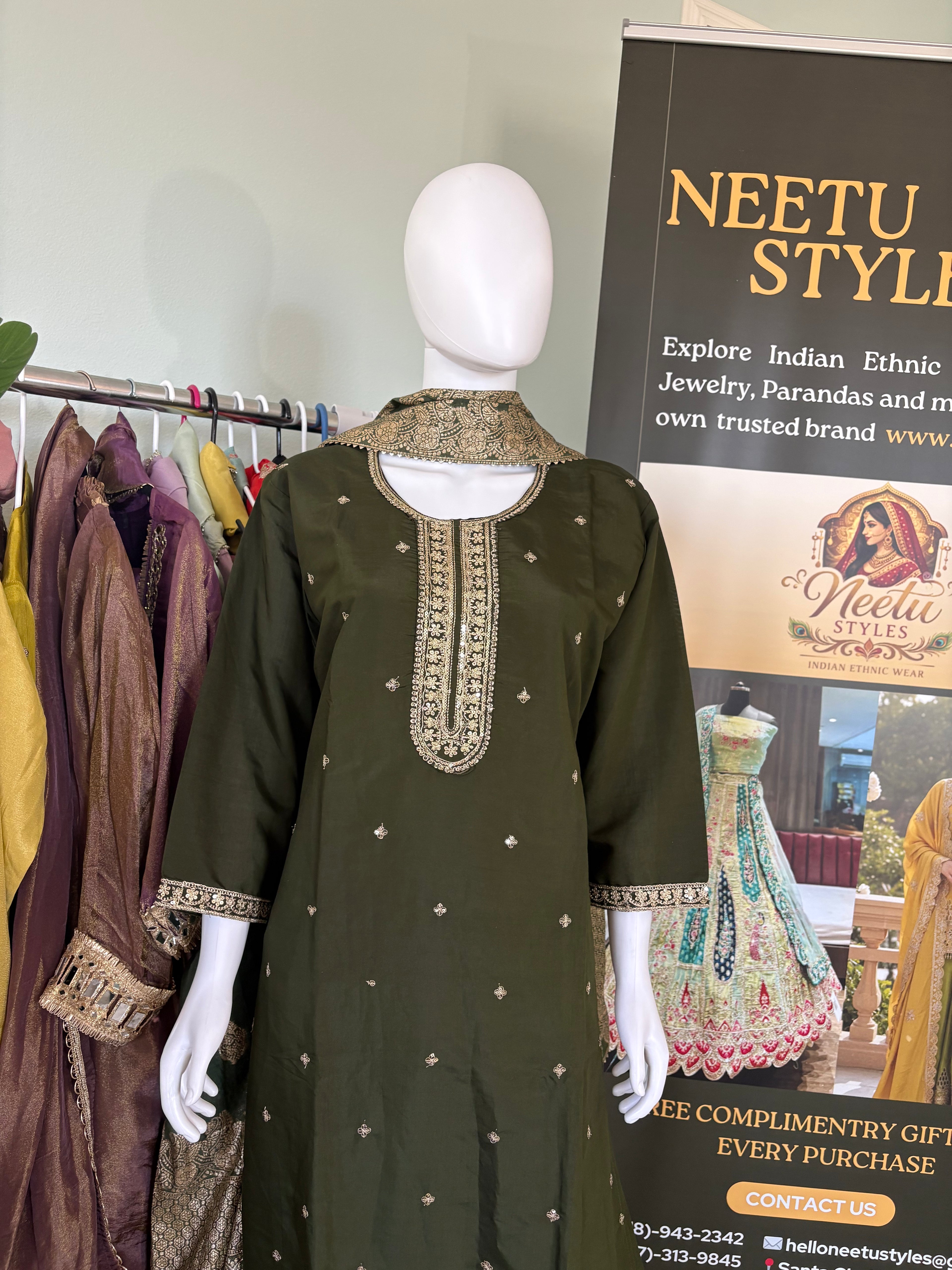 Bottle Green Festive Wear Kurta Set