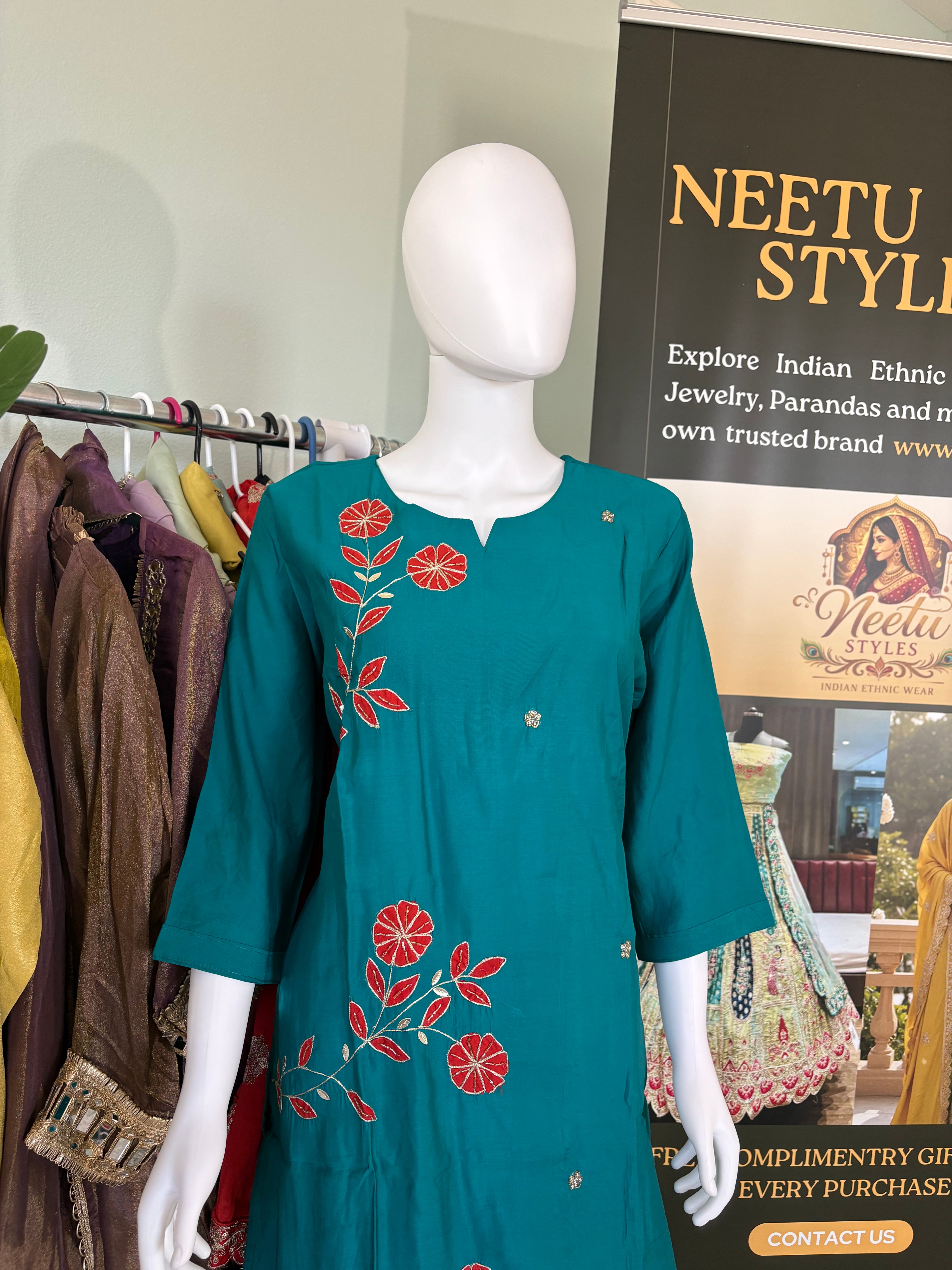 Teal Embroidered Cotton Kurta Set