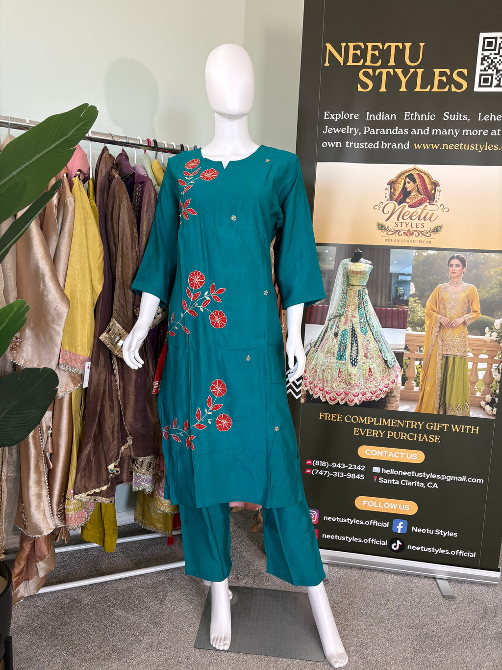 Teal Embroidered Cotton Kurta Set
