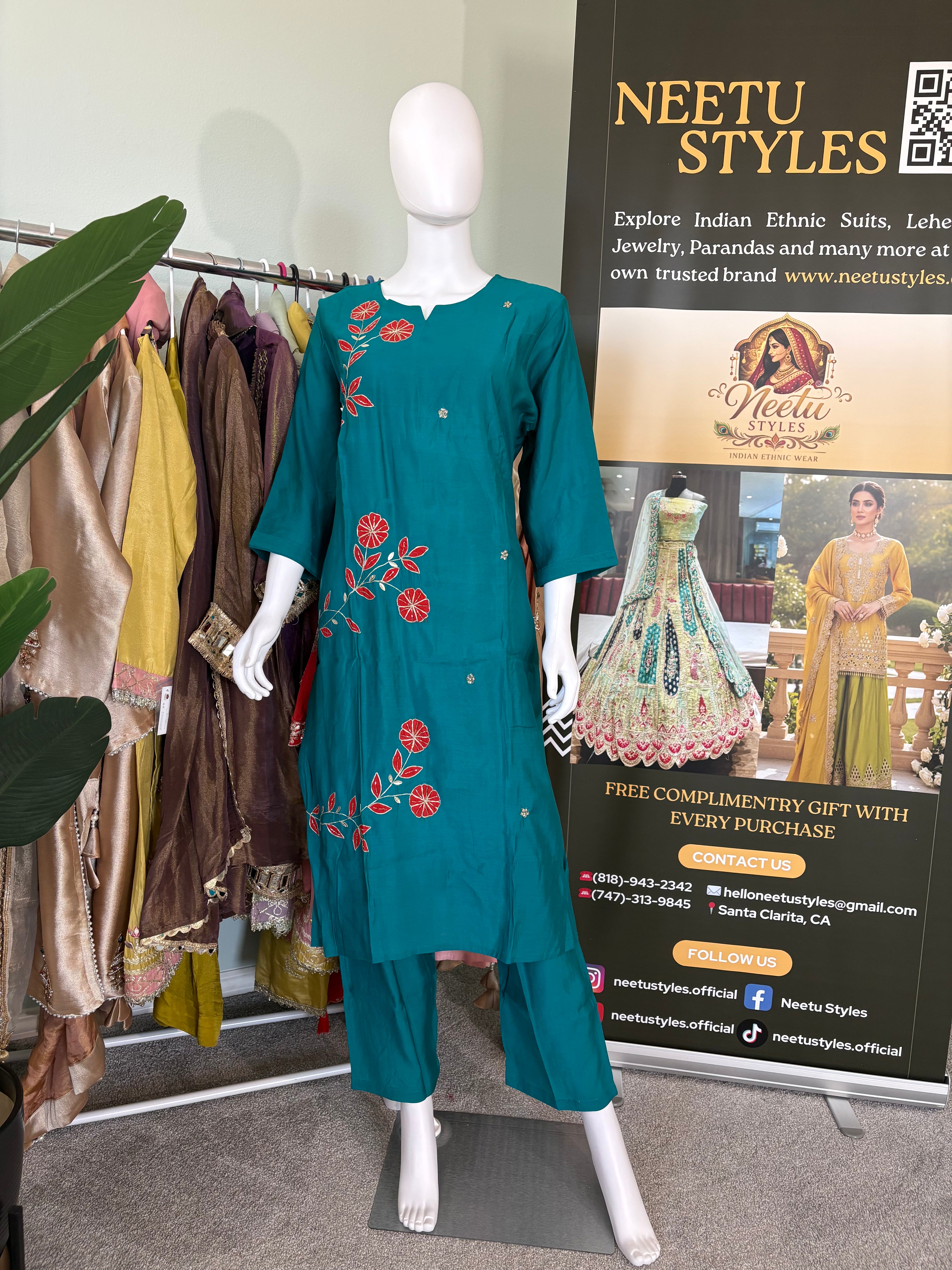 Teal Embroidered Cotton Kurta Set