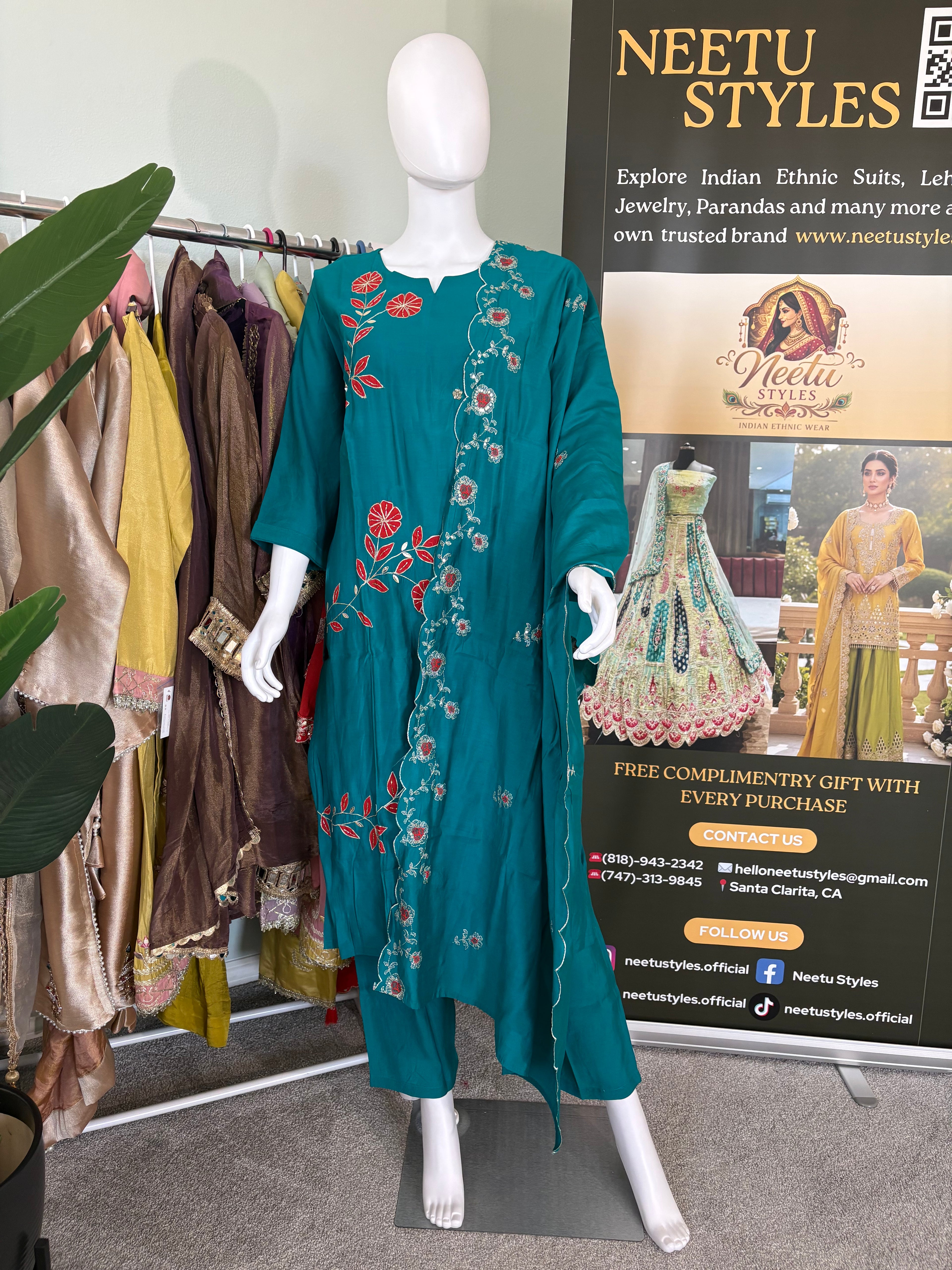 Teal Embroidered Cotton Kurta Set