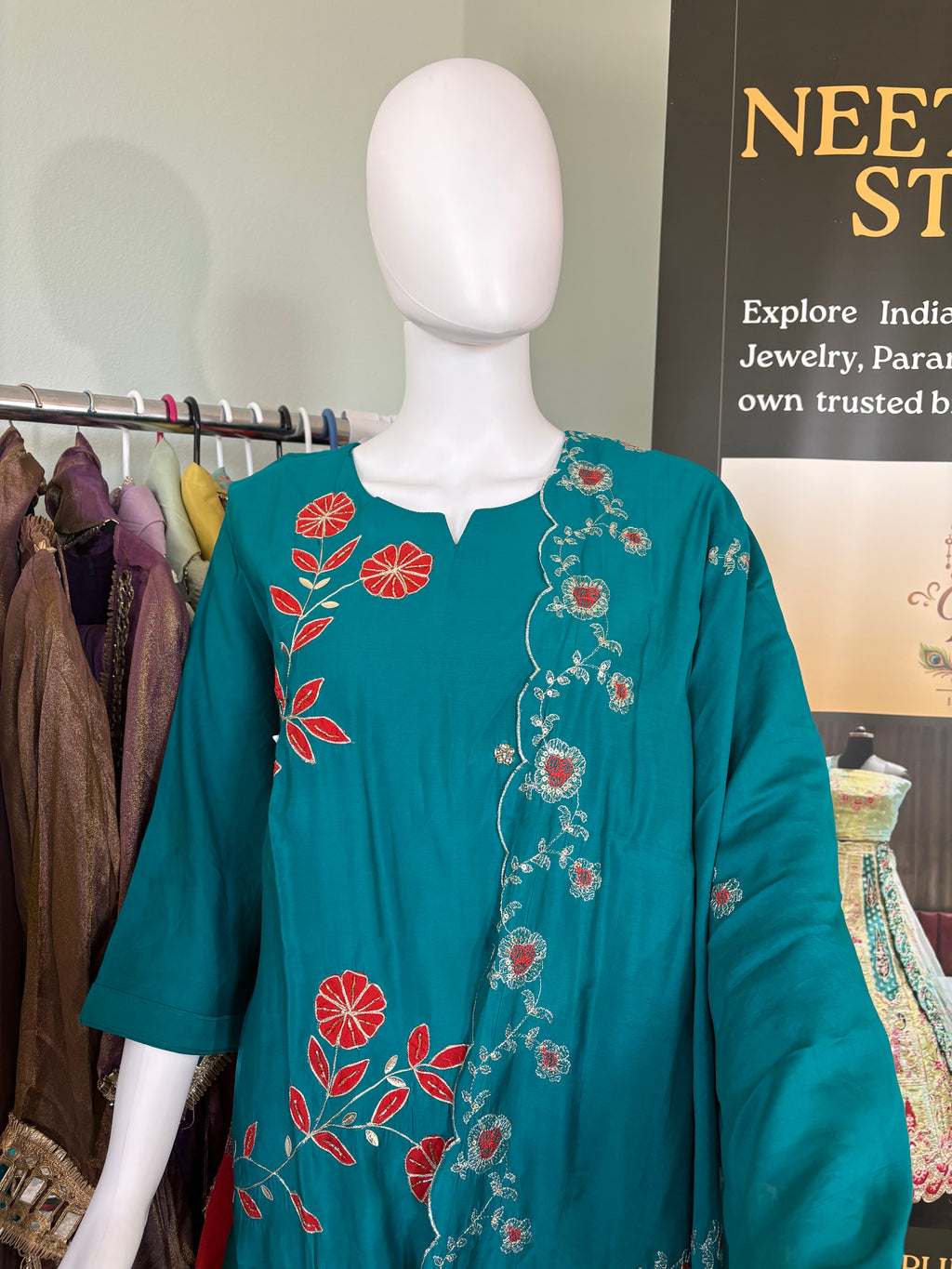 Teal Embroidered Cotton Kurta Set