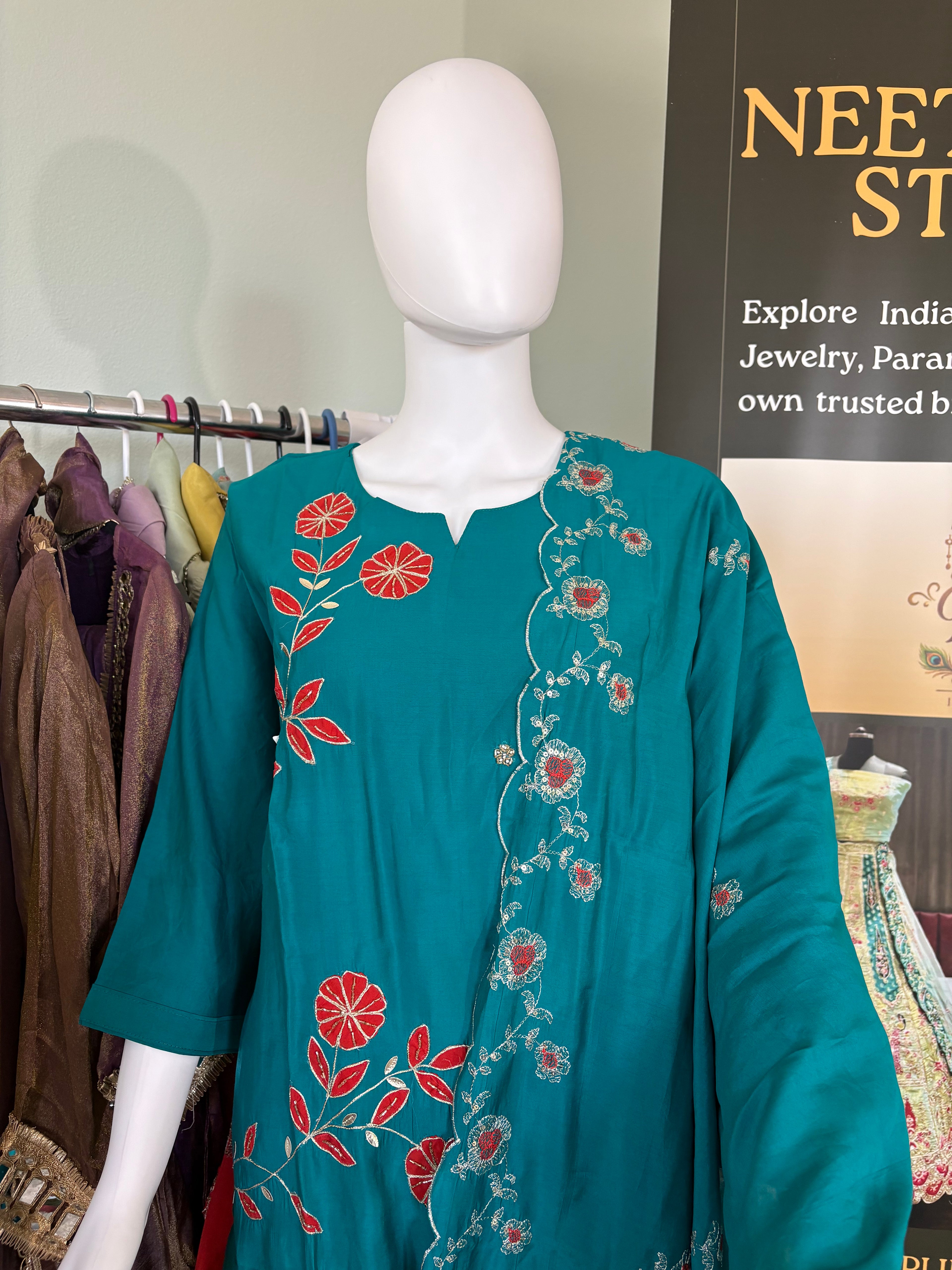 Teal Embroidered Cotton Kurta Set