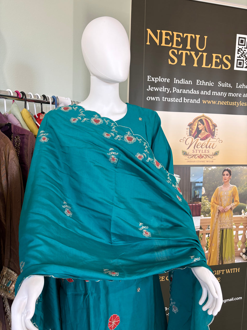 Teal Embroidered Cotton Kurta Set