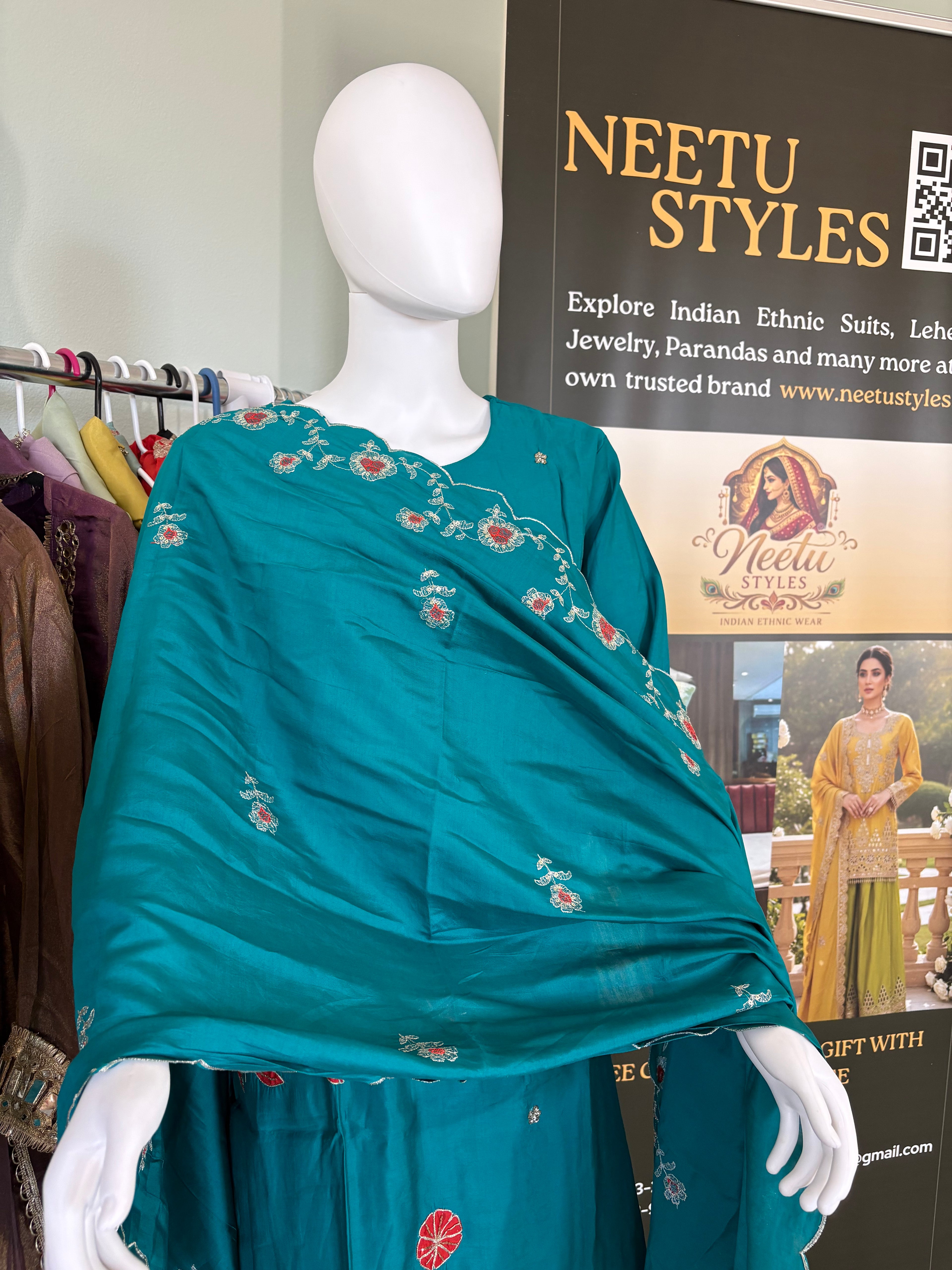 Teal Embroidered Cotton Kurta Set