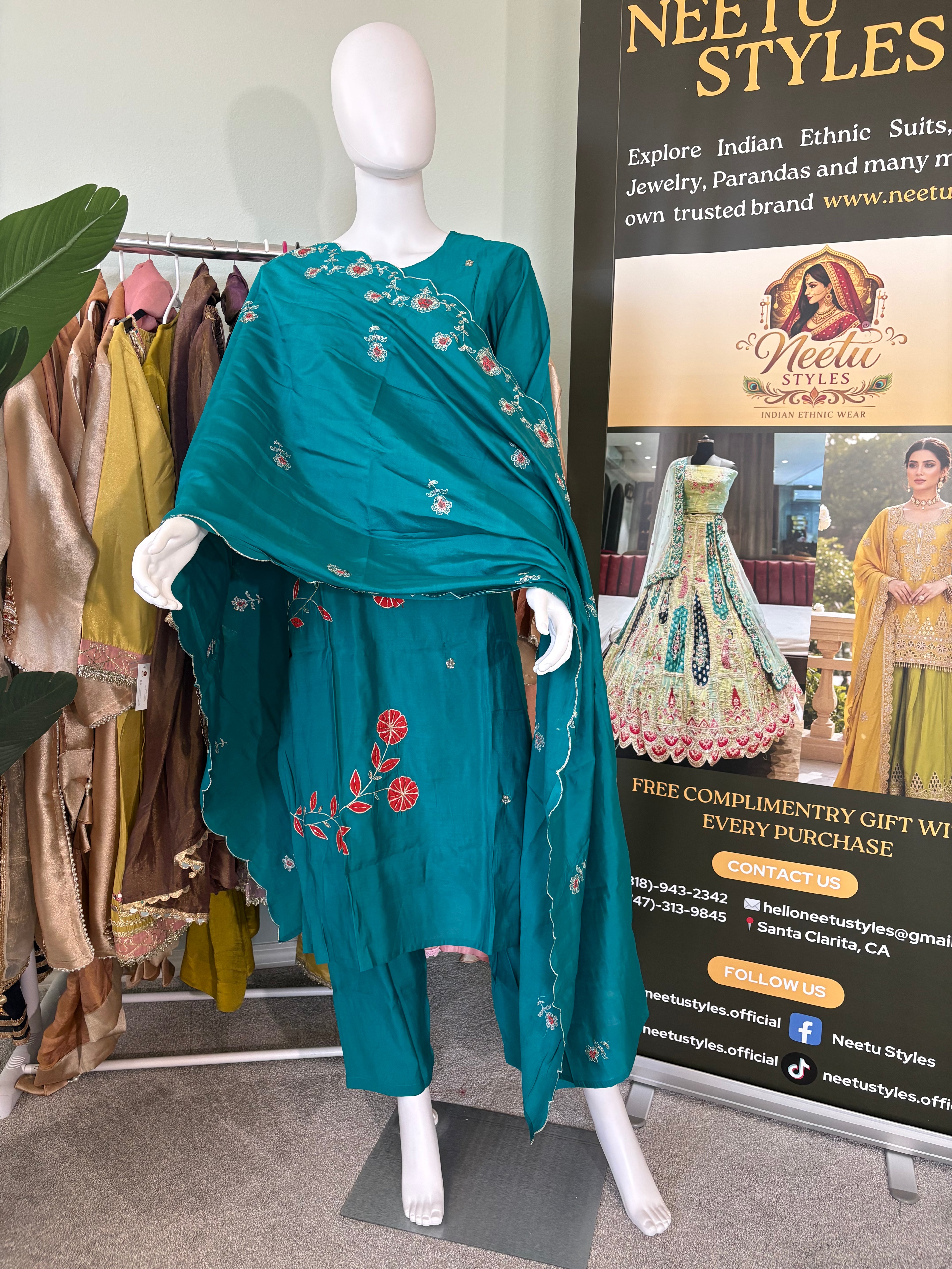 Teal Embroidered Cotton Kurta Set