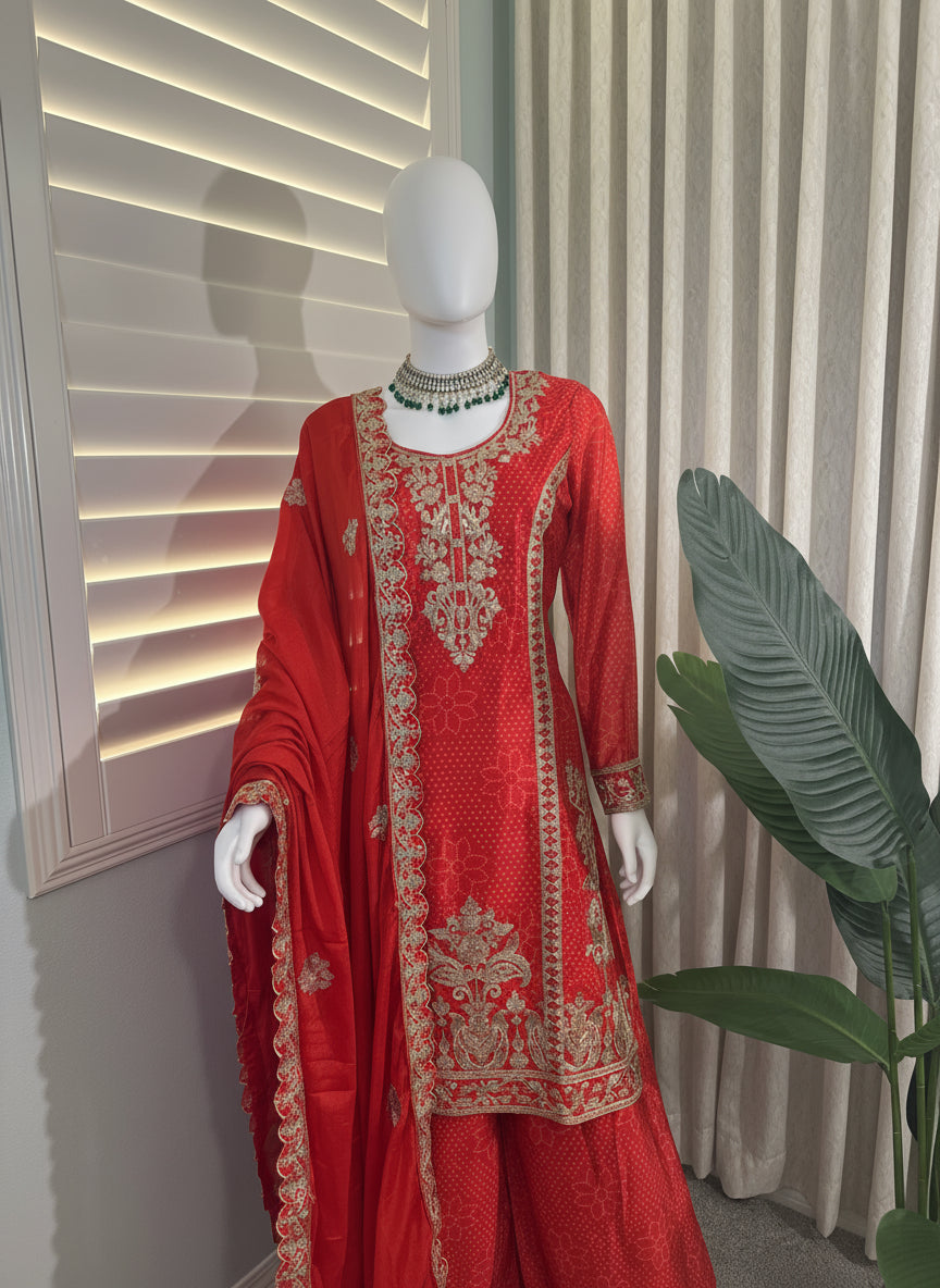 Radiance in Rust: Embroidered Palazzo Suit Set