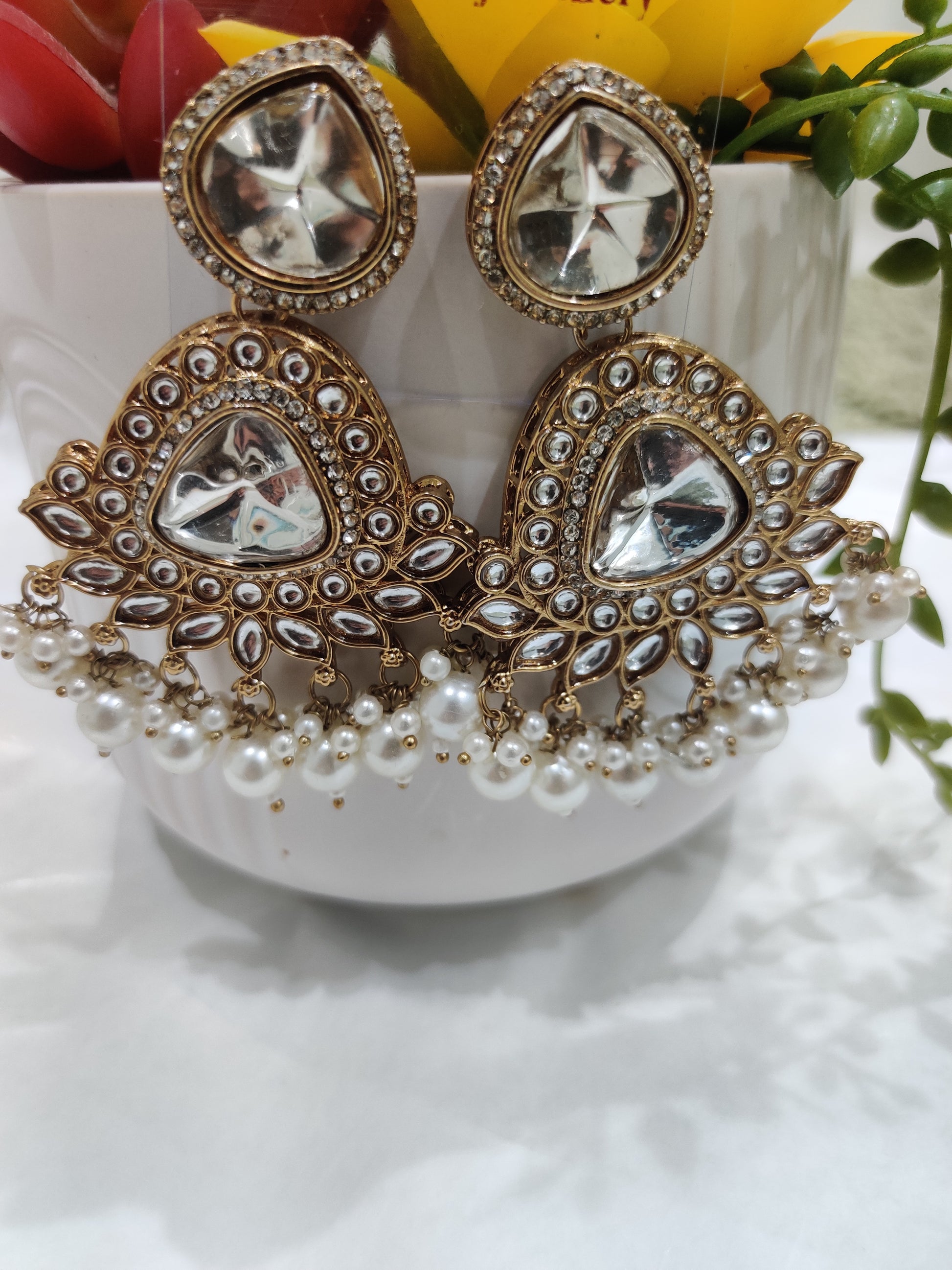 Kundan Fan‑Drop Earrings – Gold &amp; Multicolor